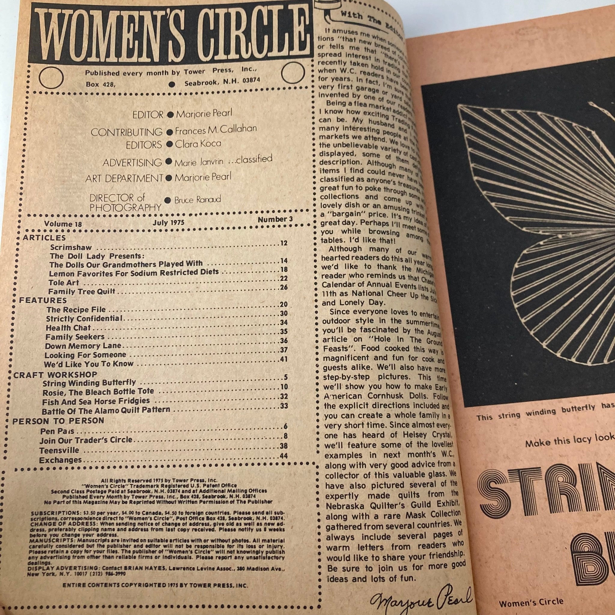 Page from VTG Women's Circle Magazine July 1975 featuring the table of contents and articles. Highlights include String Winding Butterfly craft feature, published by Tower Press.
