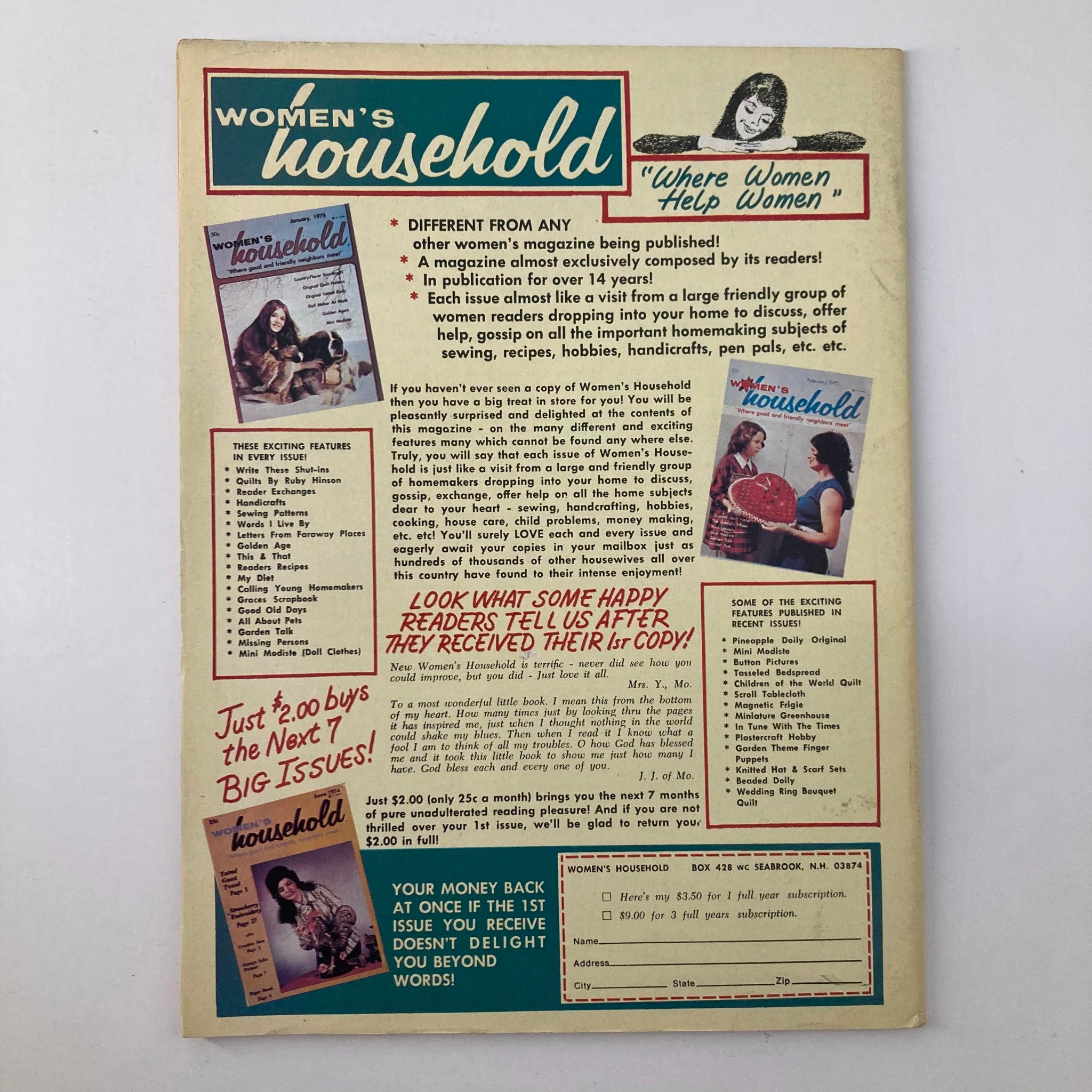 Cover of Women's Household magazine showcasing the tagline 'Where Women Help Women' and emphasizing its unique features for women readers, highlighting various topics in homemaking.
