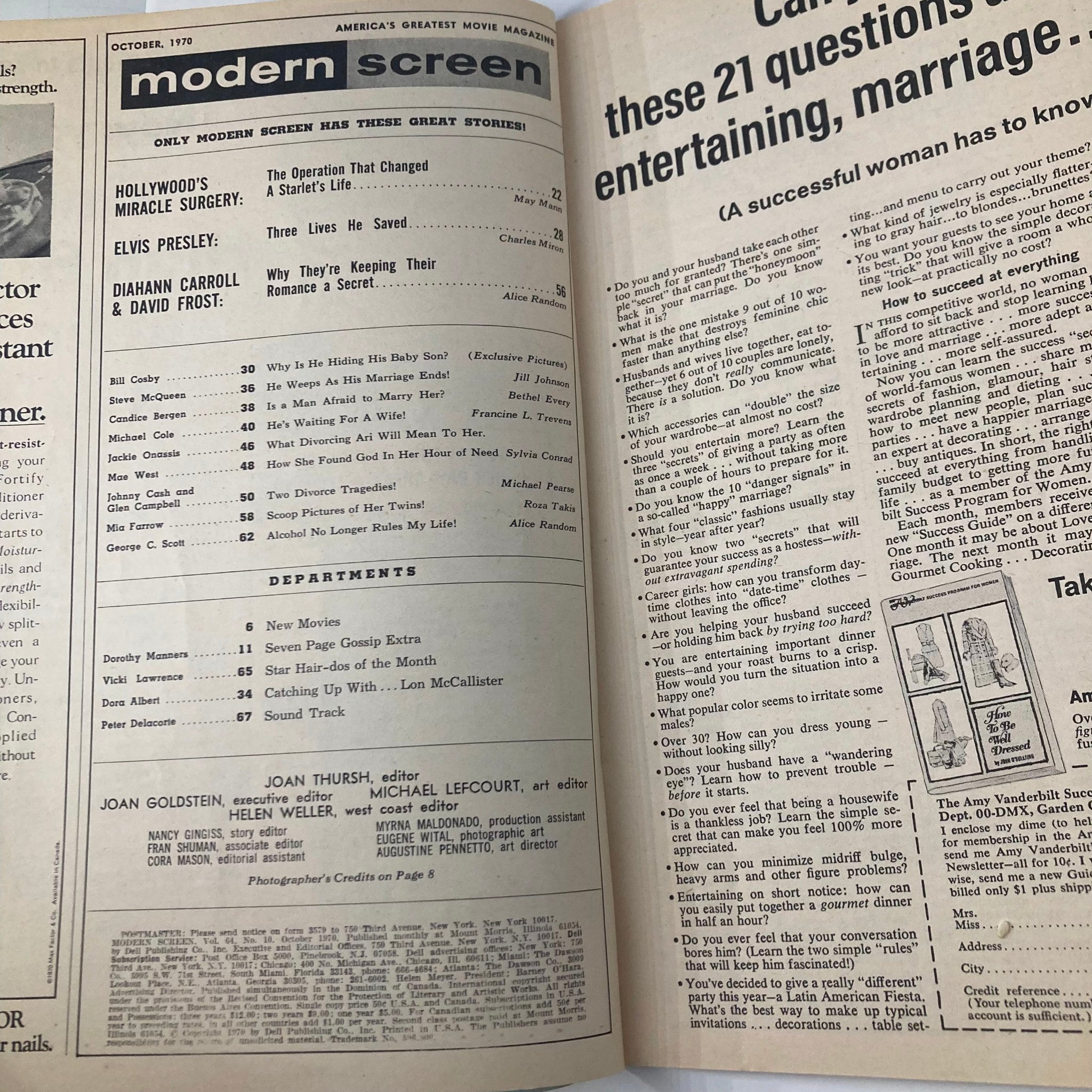 Inside page of VTG Modern Screen Magazine from October 1970 featuring articles and content including Hollywood stars like Steve McQueen and Johnny Cash.