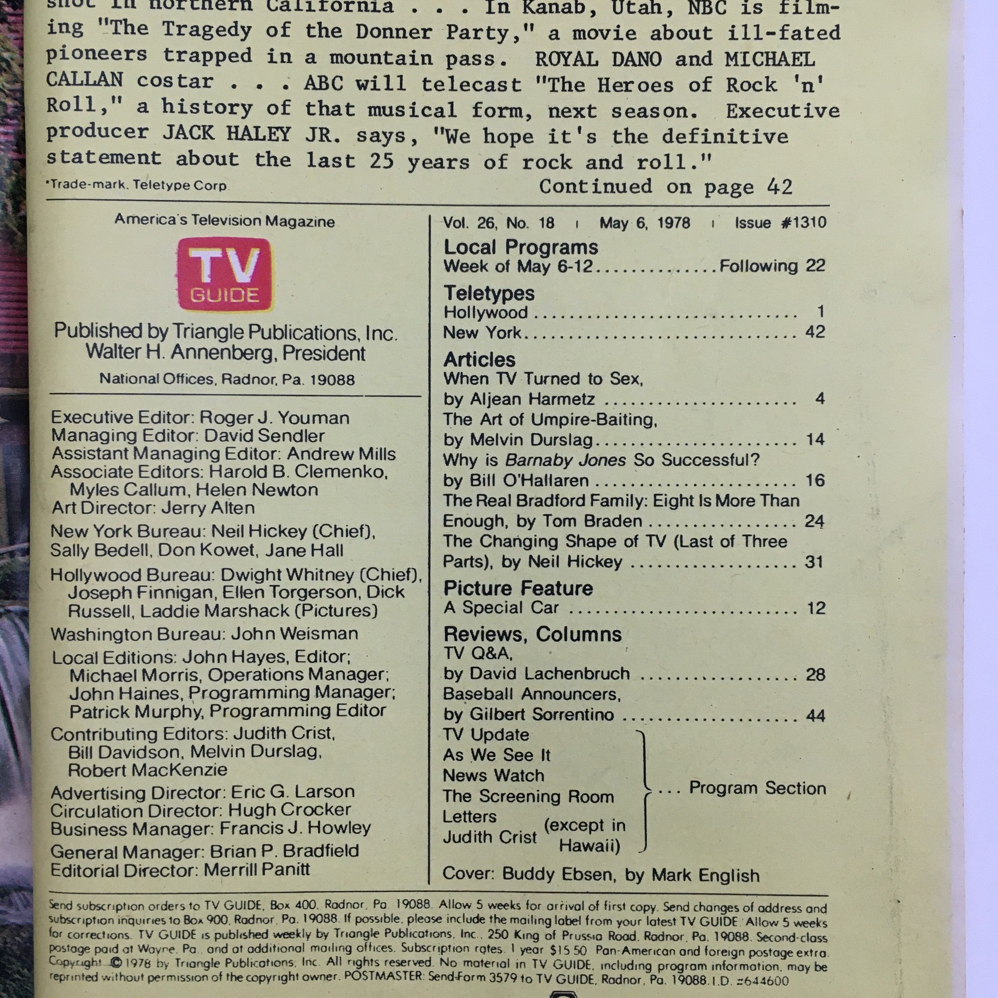 Interior page of TV Guide Magazine May 6, 1978 detailing articles and local programs, including content related to Buddy Ebsen.