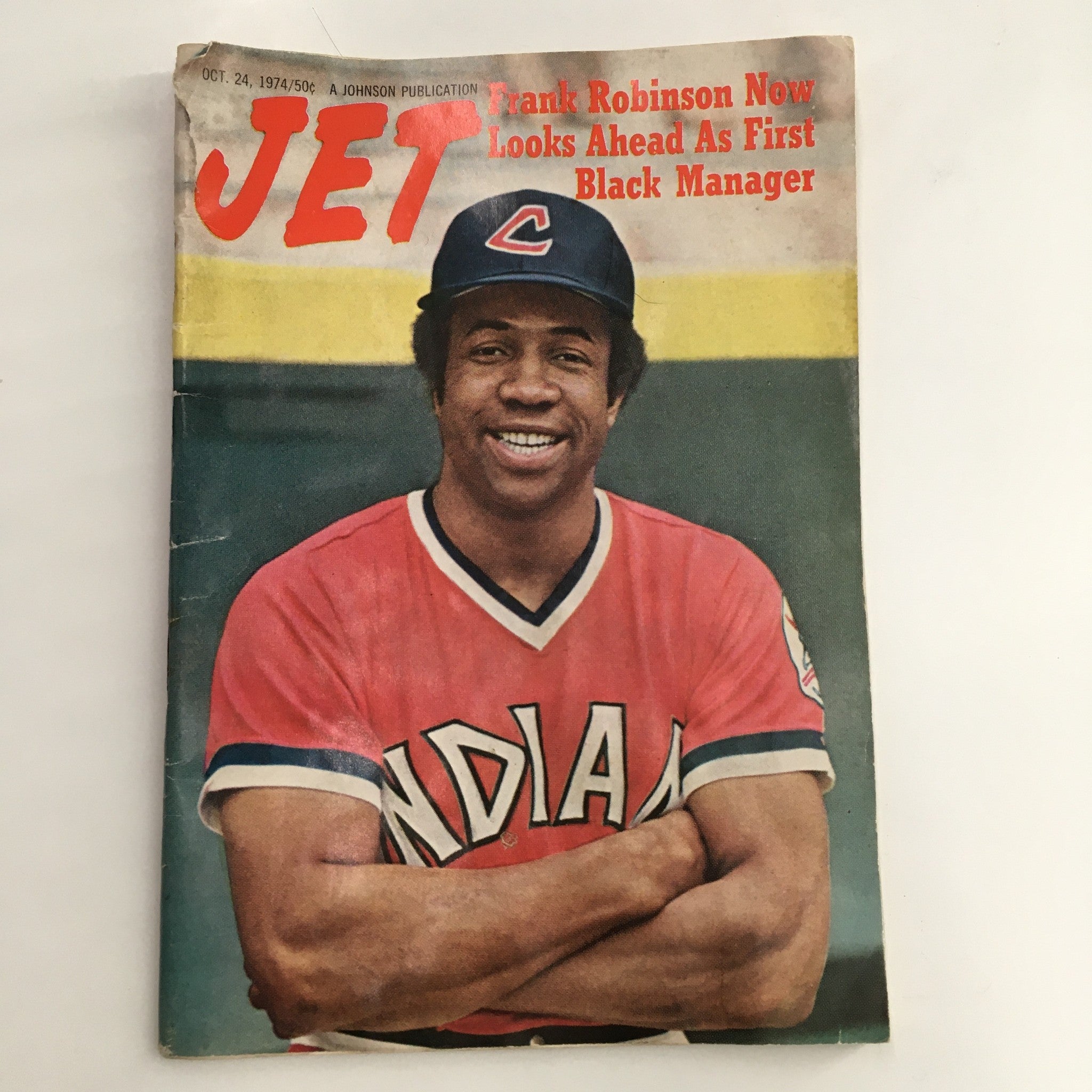 Cover of Jet Magazine from October 24, 1974, featuring Frank Robinson as the first Black manager, showcasing him in a baseball uniform with the inscription 'Frank Robinson Now Looks Ahead As First Black Manager.'