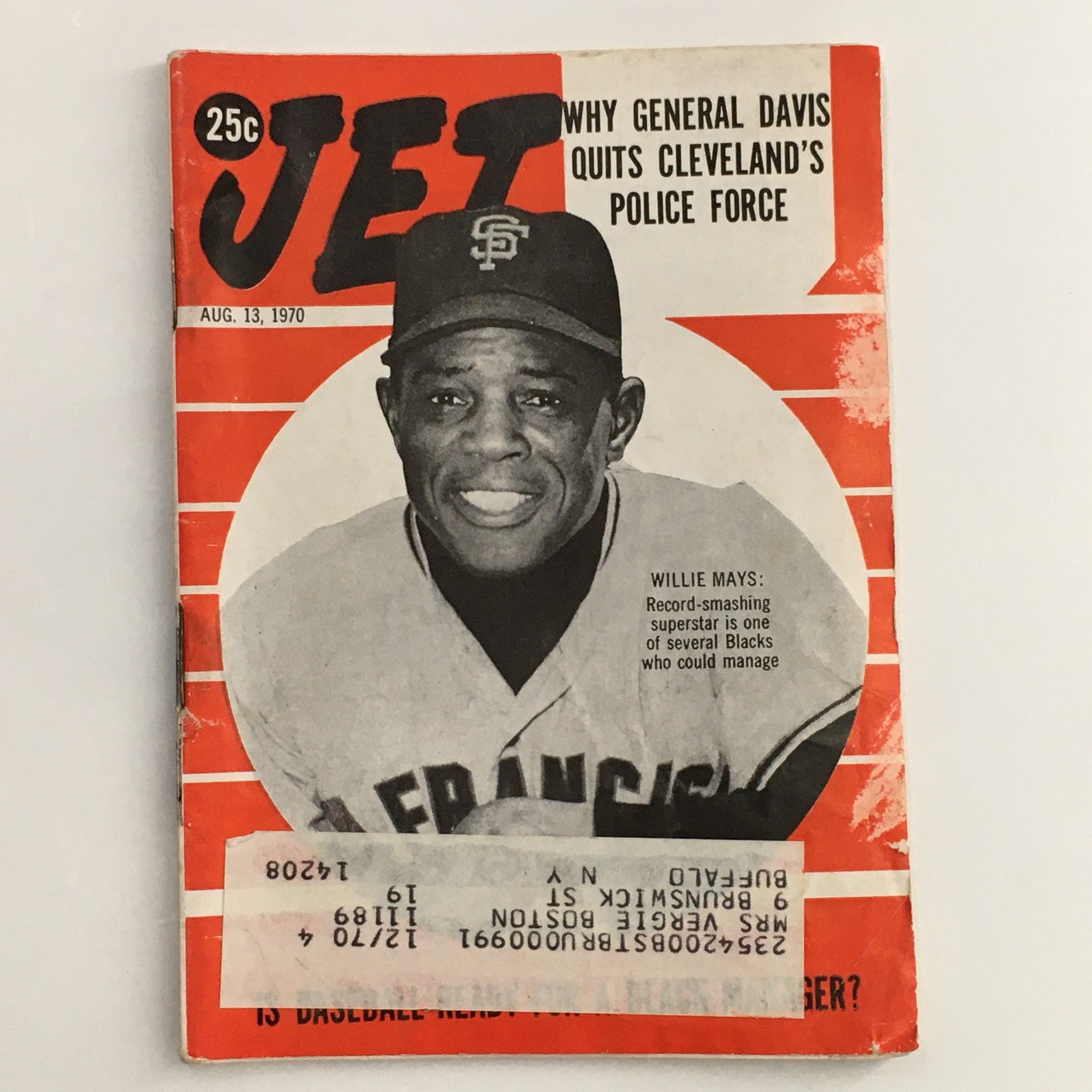 Jet Magazine August 13 1970 featuring Willie Mays on the cover, highlighting his achievements and mentioning General David's resignation from Cleveland's Police Force. The magazine is in good condition with a visible address label.