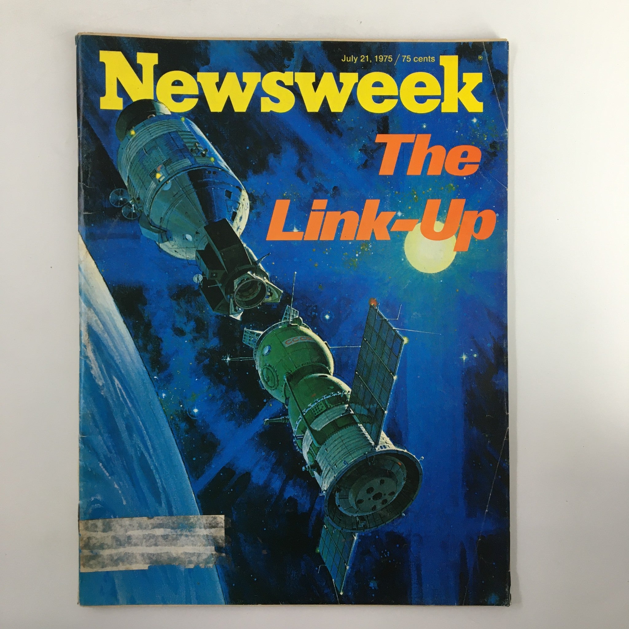 VTG Newsweek Magazine from July 21, 1975, featuring 'The Link-Up in Space' with a vibrant cover illustration depicting space technology and exploration.