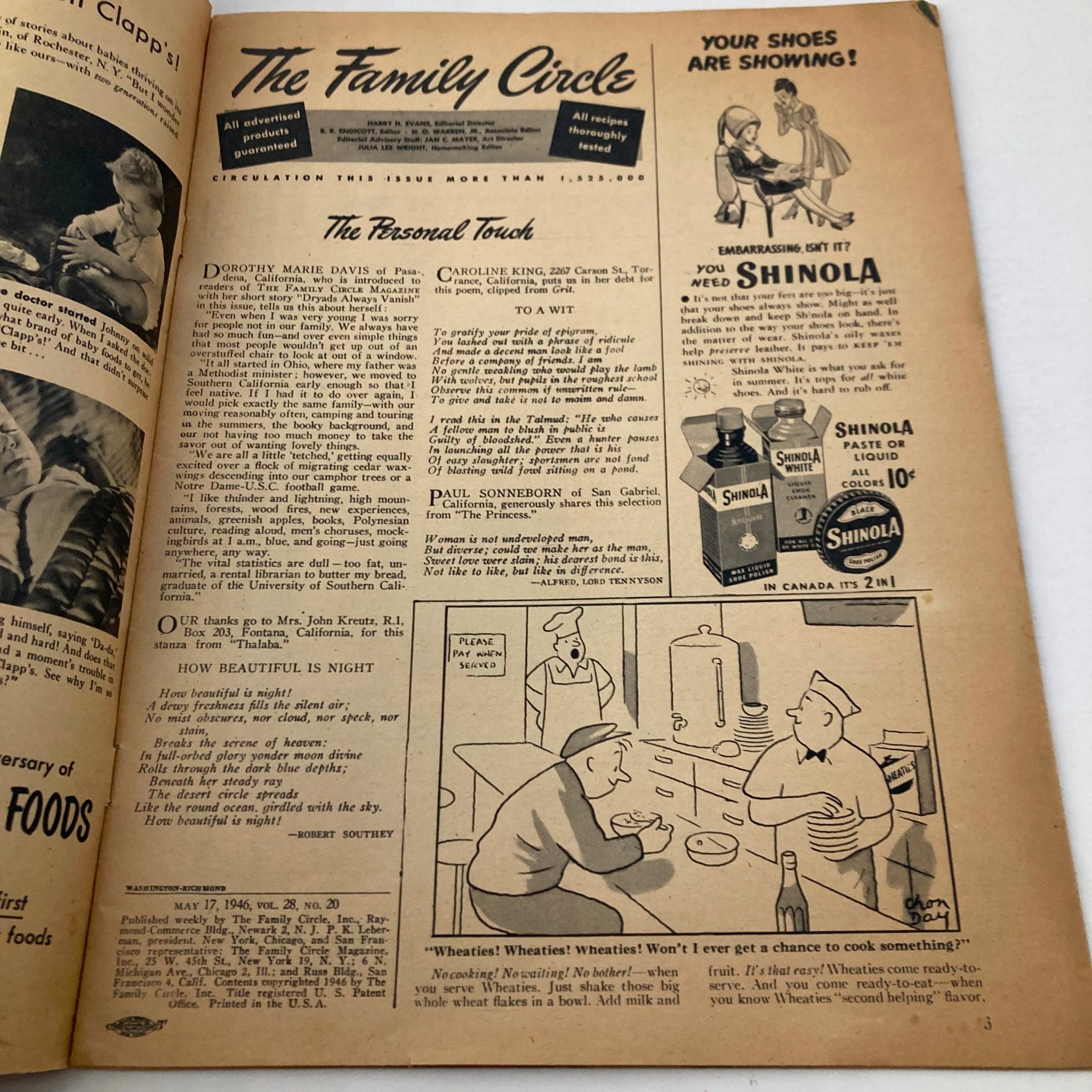 Inside page of VTG The Family Circle Magazine May 17 1946 highlighting an article about Dorothy Marie Davis with vintage advertisements, offering a glimpse into historical content.