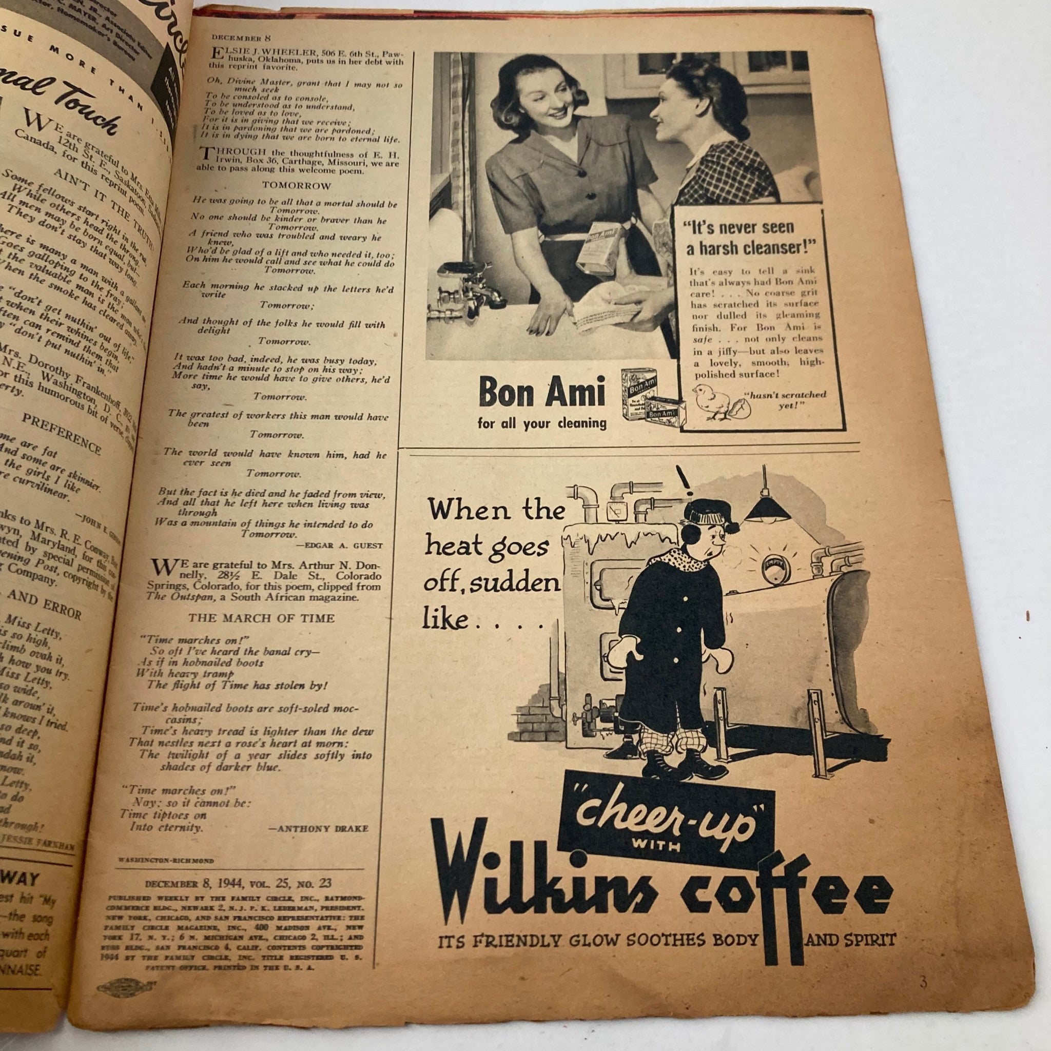 Interior page from VTG The Family Circle Magazine December 8, 1944, featuring advertisements for Bon Ami cleaning products and Wilkins coffee, showcasing mid-20th century aesthetics.
