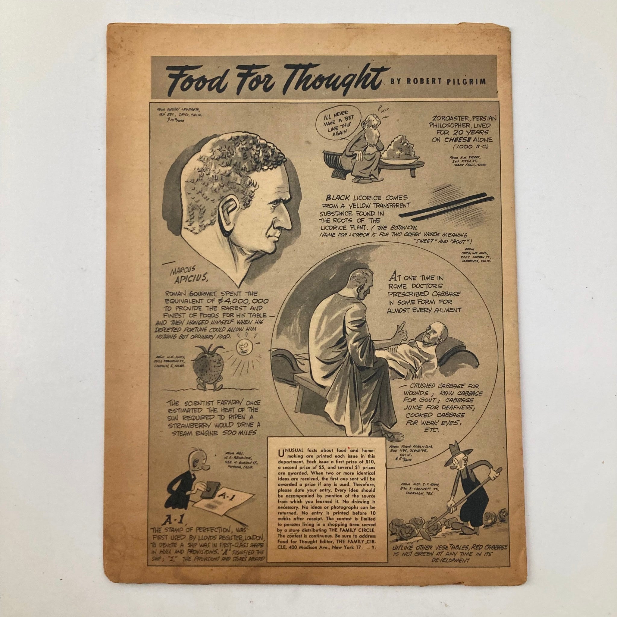 Another interior page from VTG The Family Circle Magazine December 8, 1944, featuring a comic-style article titled 'Food For Thought' by Robert Pilgrim, highlighting historical food facts and illustrations.