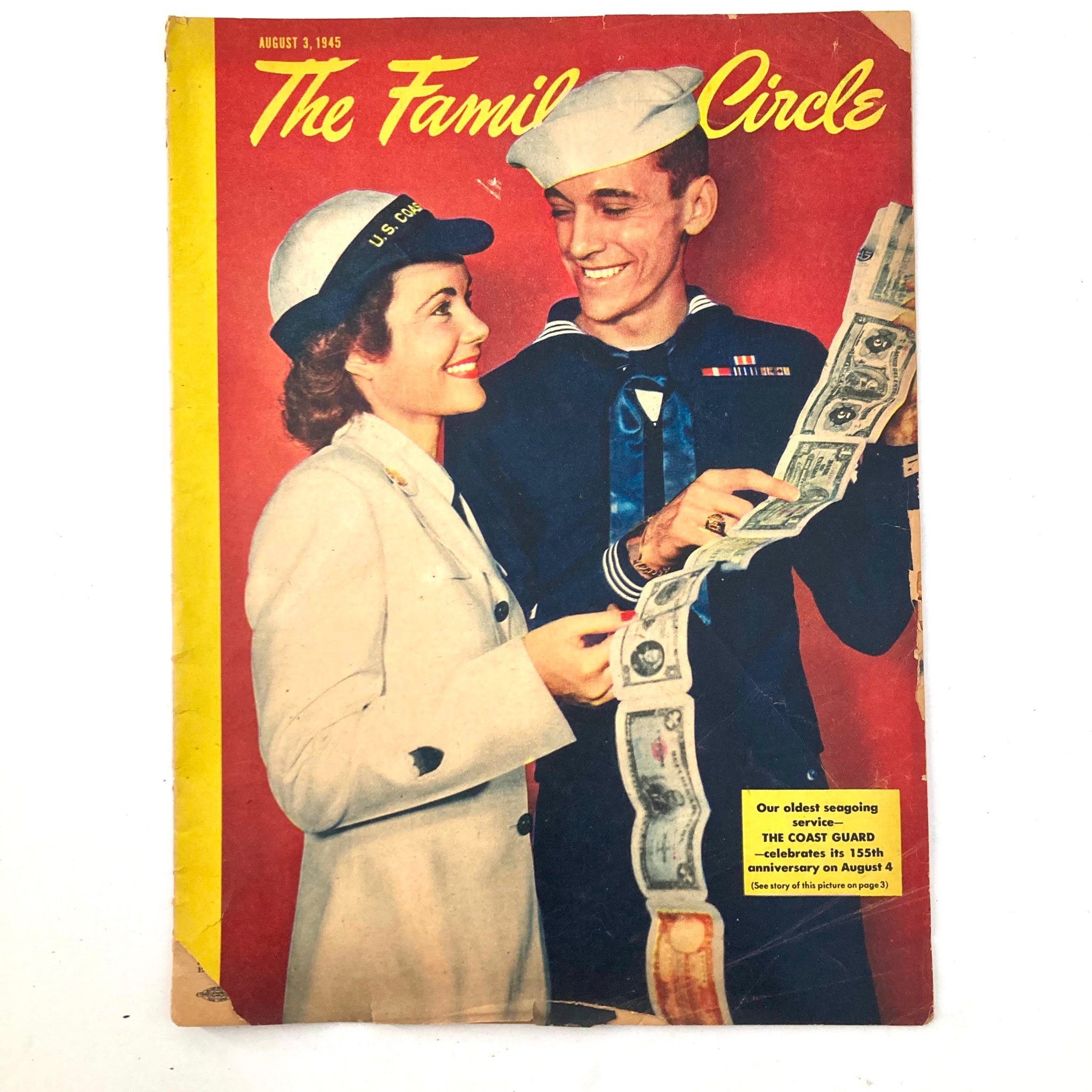 Cover of VTG The Family Circle Magazine August 3, 1945, featuring a joyful couple in U.S. Coast Guard attire, celebrating the 155th Anniversary of the Coast Guard.