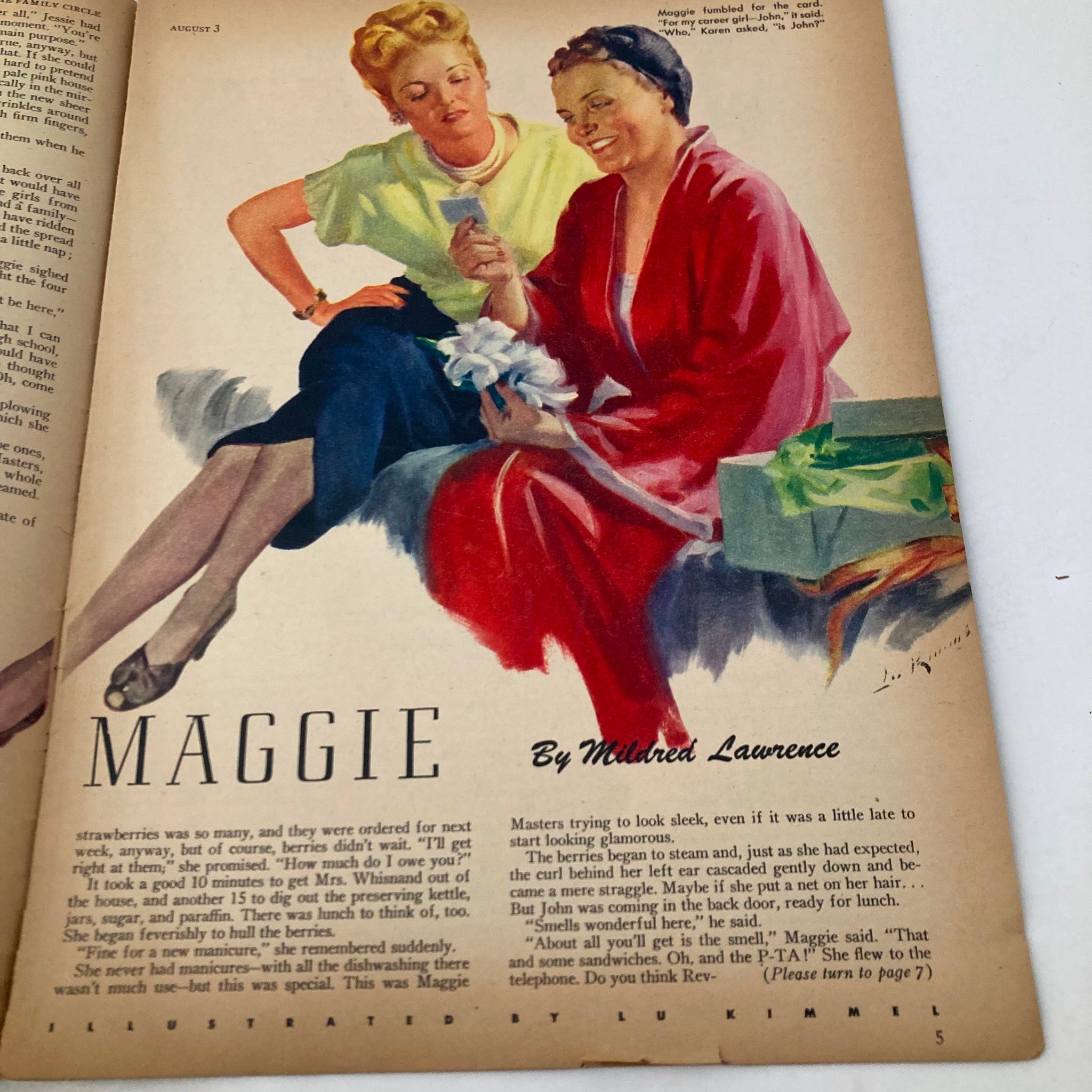 Illustration from VTG The Family Circle Magazine August 3, 1945 showing two women engaged in conversation, one holding a gift. The issue celebrates the Coast Guard's 155th Anniversary and features charming articles.