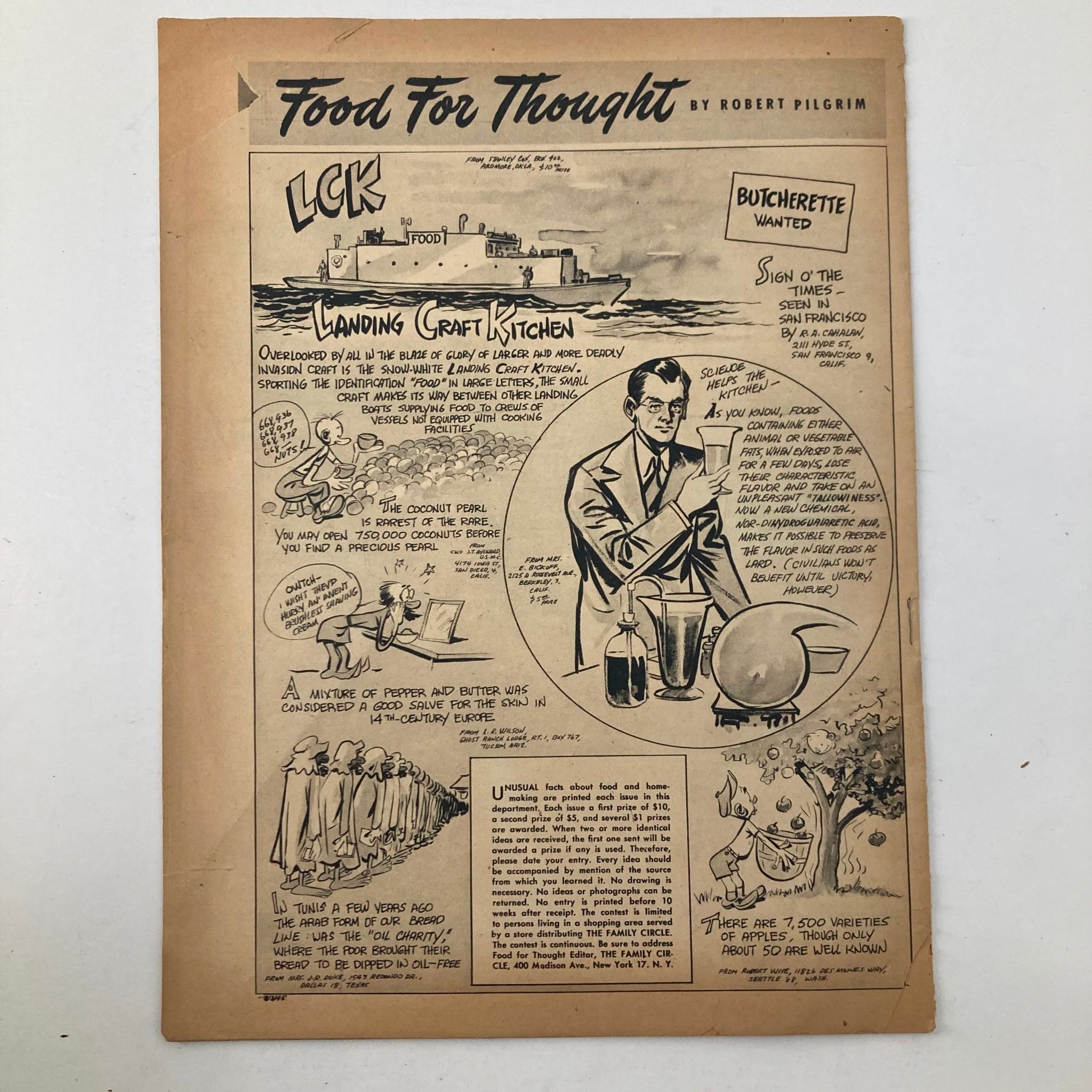 Vintage comic-style page titled 'Food For Thought' from VTG The Family Circle Magazine August 3, 1945. This page includes illustrations related to cooking and the culinary experience, contributing to the magazine's nostalgic charm.