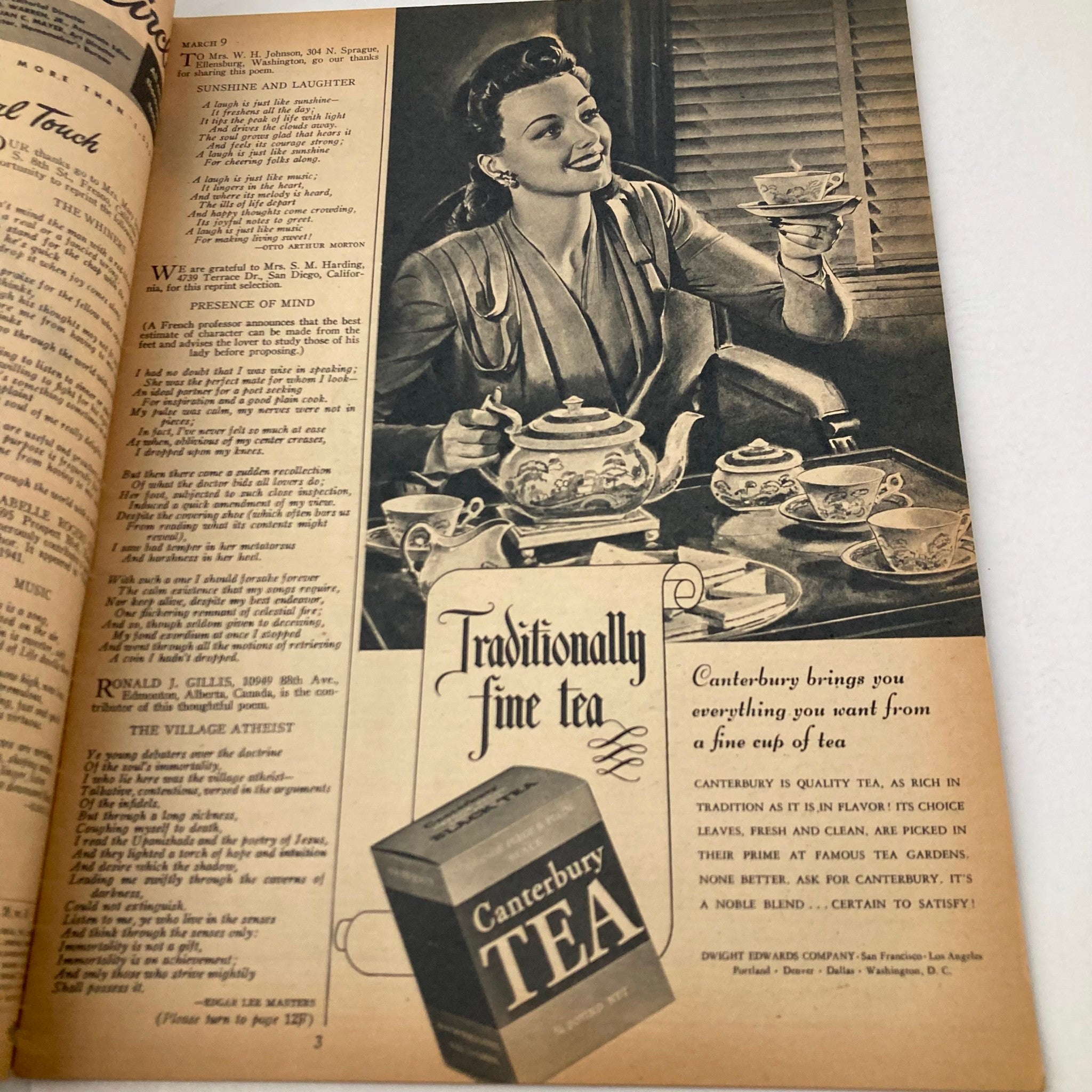 Inside page of VTG The Family Circle Magazine March 9 1945, displaying a woman enjoying tea with Canterbury Tea advertisement, reflecting 1940s lifestyle.