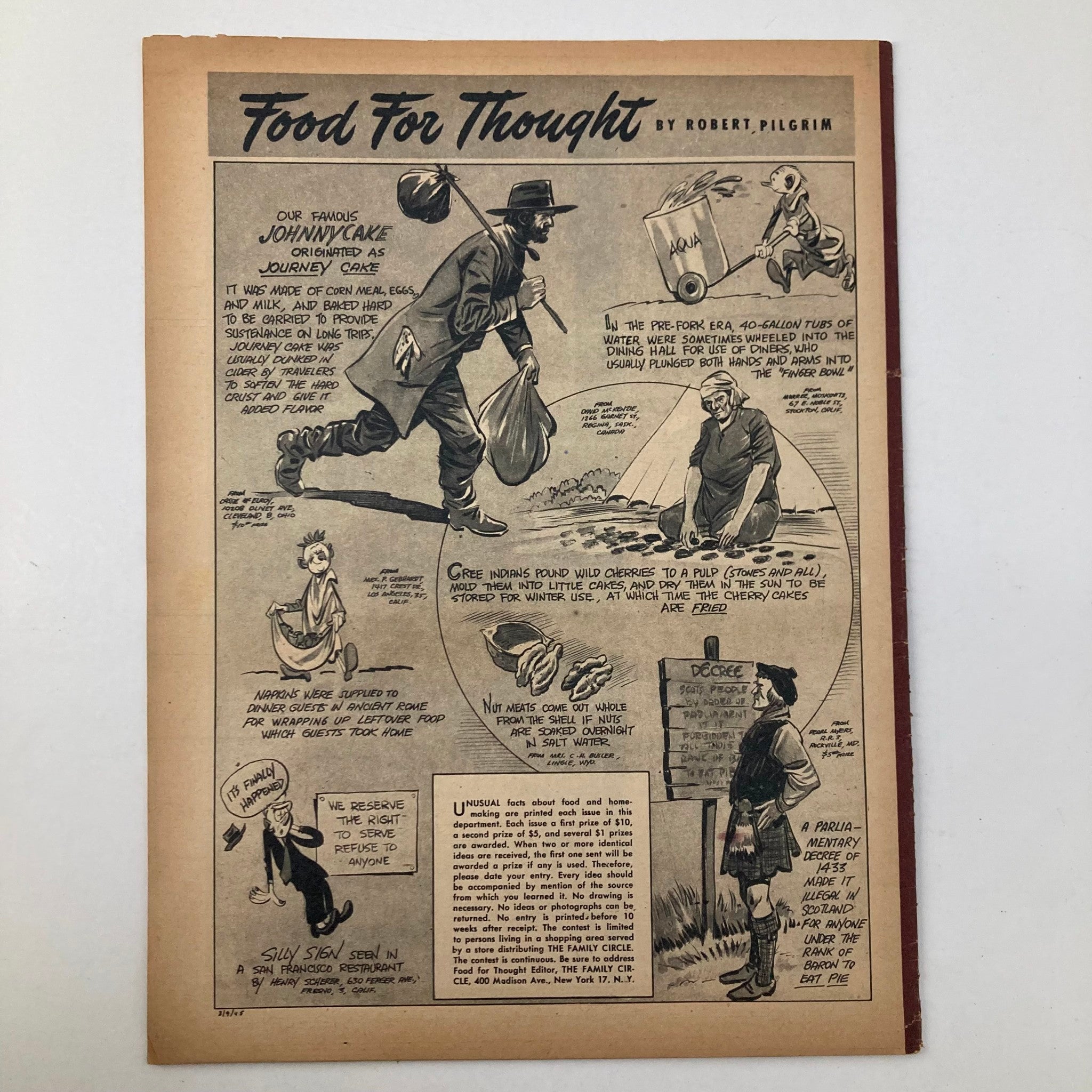 Food For Thought article in VTG The Family Circle Magazine March 9 1945, illustrating historical food traditions and cultural anecdotes.