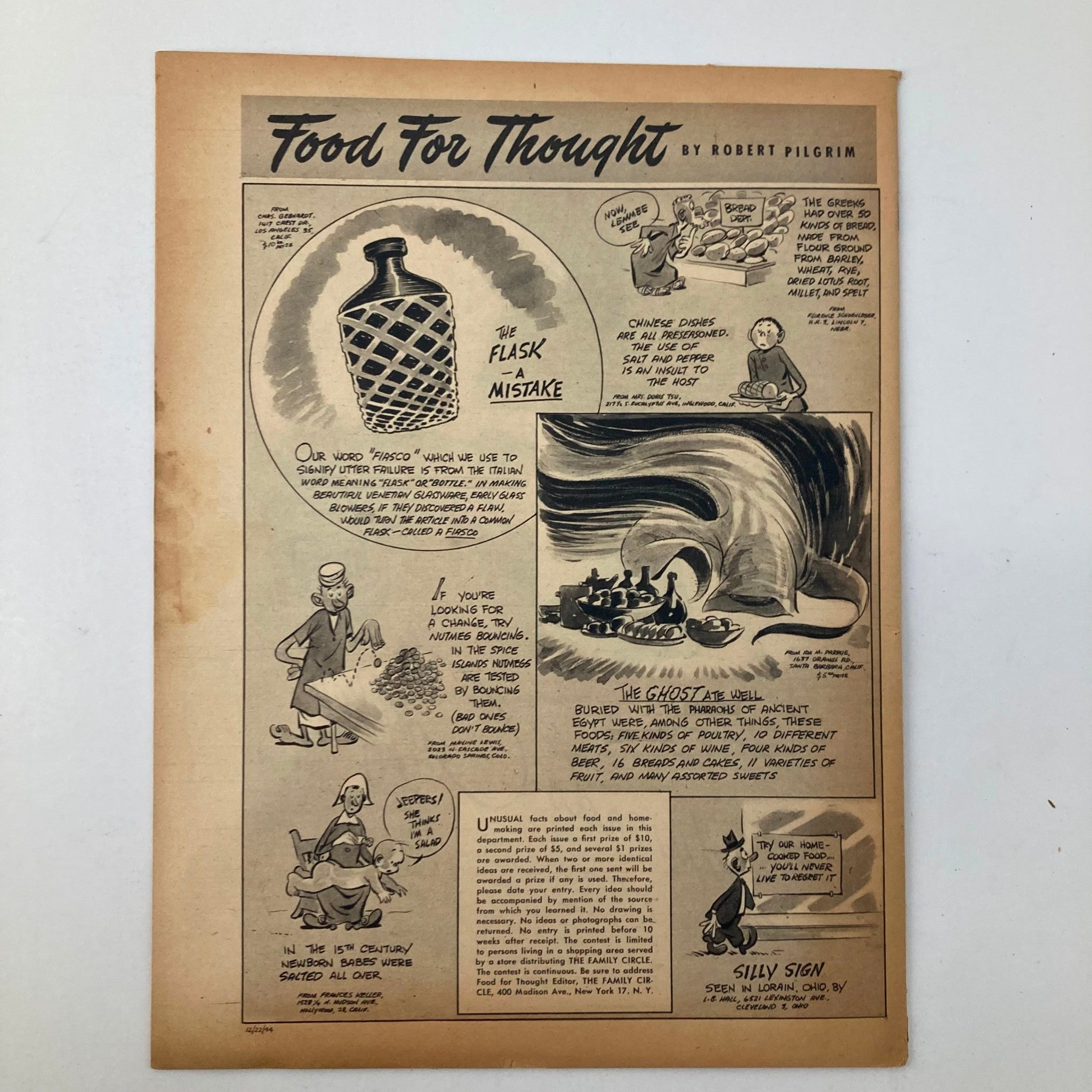 Comic strip titled Food For Thought by Robert Pilgrim in VTG The Family Circle Magazine December 22 1944, discussing culinary history and humor.