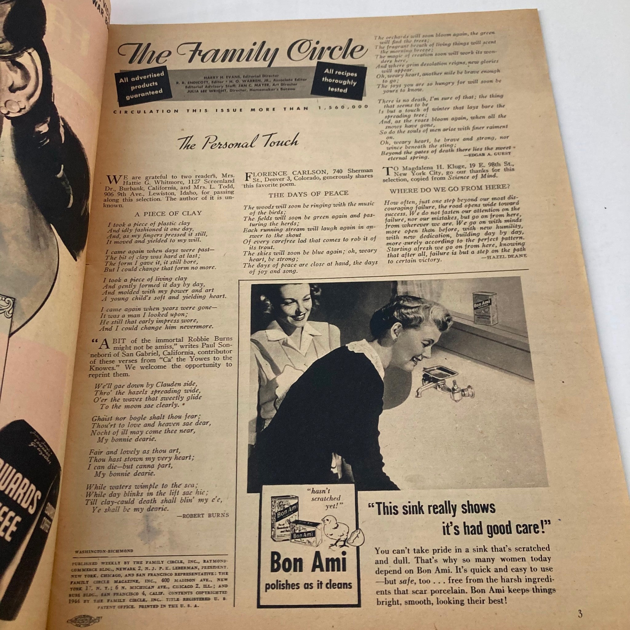 Interior page of VTG The Family Circle Magazine March 31 1944, highlighting articles and advertisements reflecting family life and home economics in the 1940s.