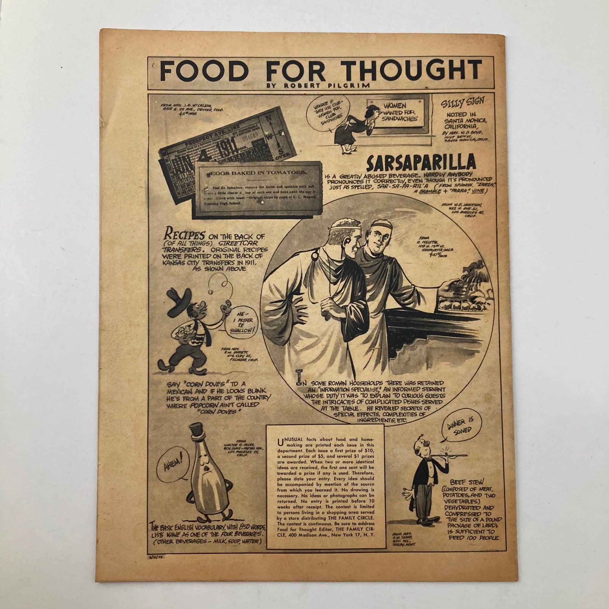 Food for Thought section in VTG The Family Circle Magazine March 31 1944, offering whimsical illustrations and commentary on food culture and household tips.