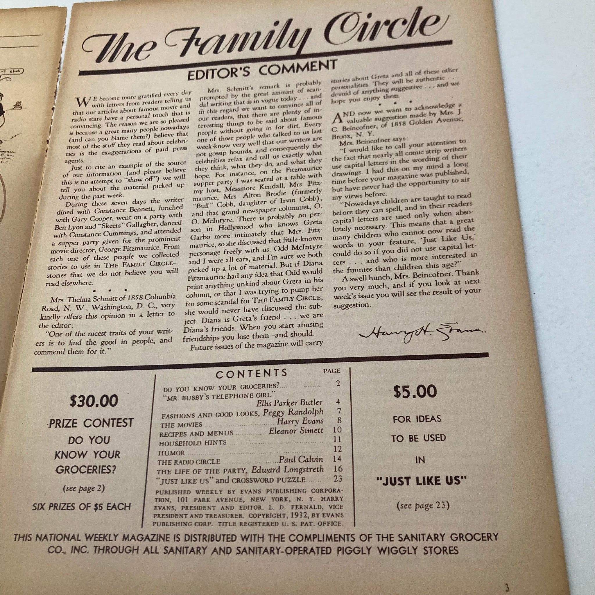 Inside page of VTG The Family Circle Magazine - November 11, 1932 showcasing the editor's comment and contents, reflecting the charm and style of vintage periodicals.