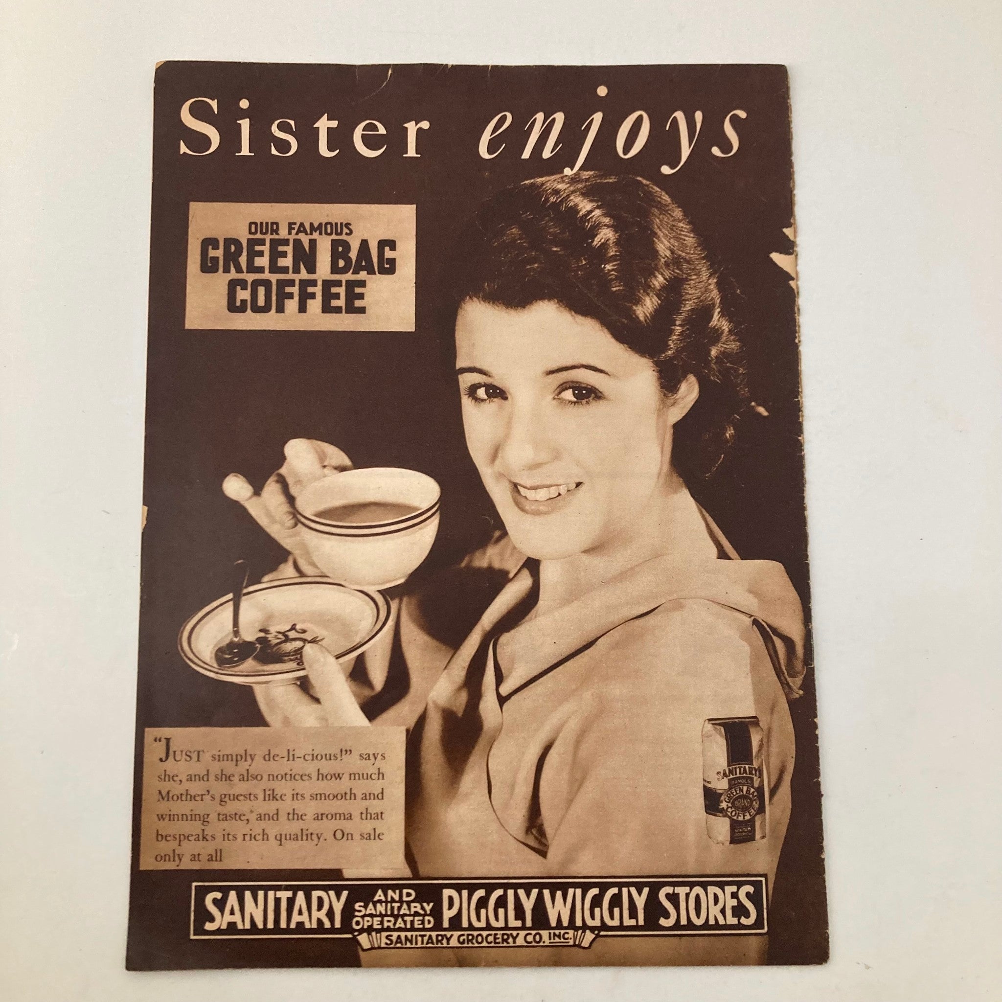 Cover of VTG The Family Circle Magazine dated November 11, 1932, featuring a vintage advertisement for Green Bag Coffee with a woman holding a cup and saucer.