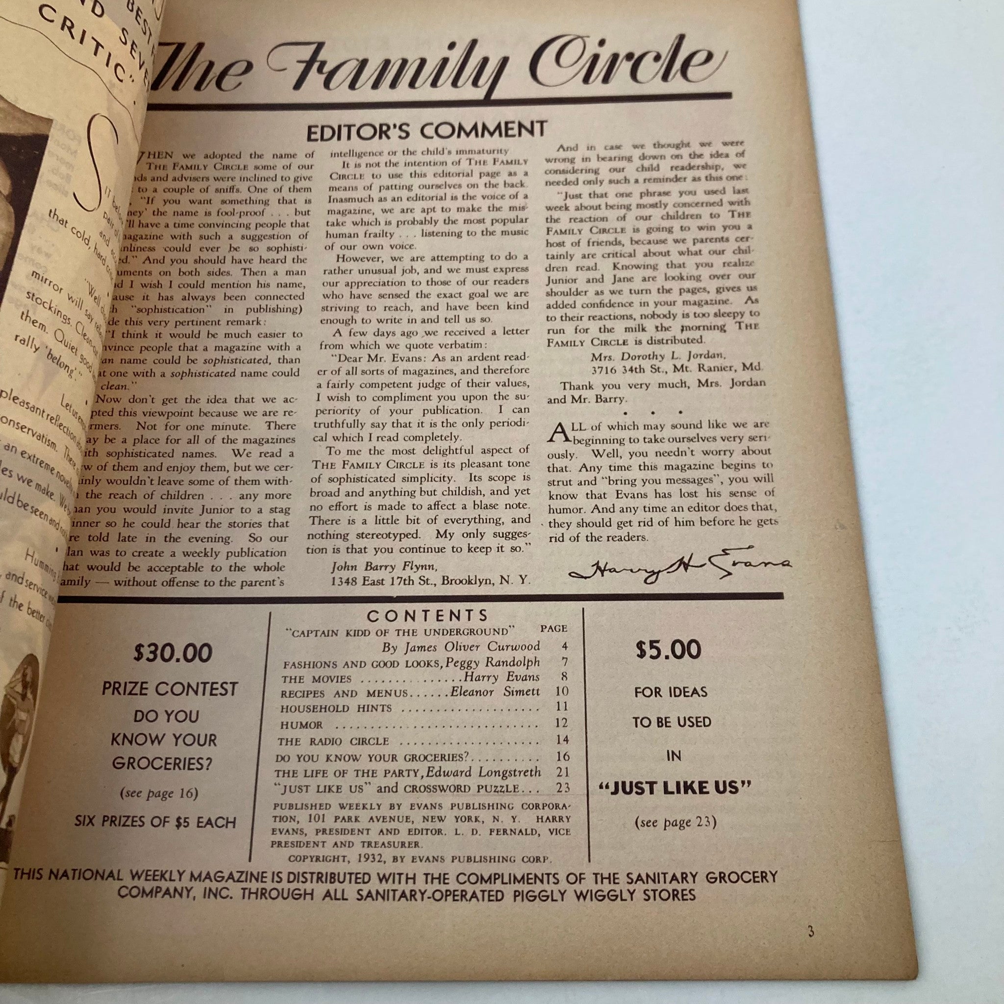 Inside page of the VTG The Family Circle Magazine from October 21, 1932, showcasing the editor's comment and table of contents.
