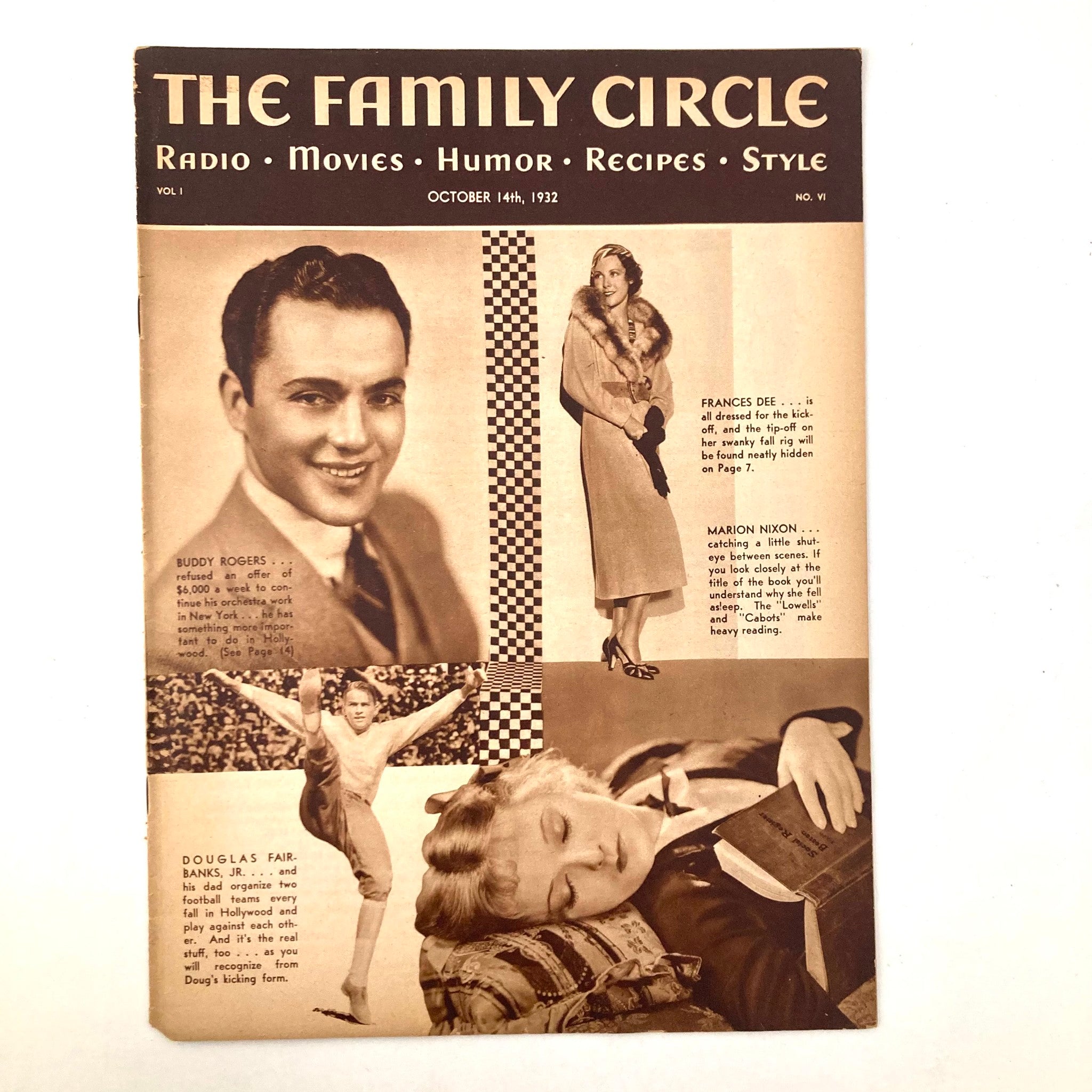 Cover of VTG The Family Circle Magazine, October 14, 1932, featuring Buddy Rogers and Frances Dee, showcasing vintage design and cultural insights of the 1930s.