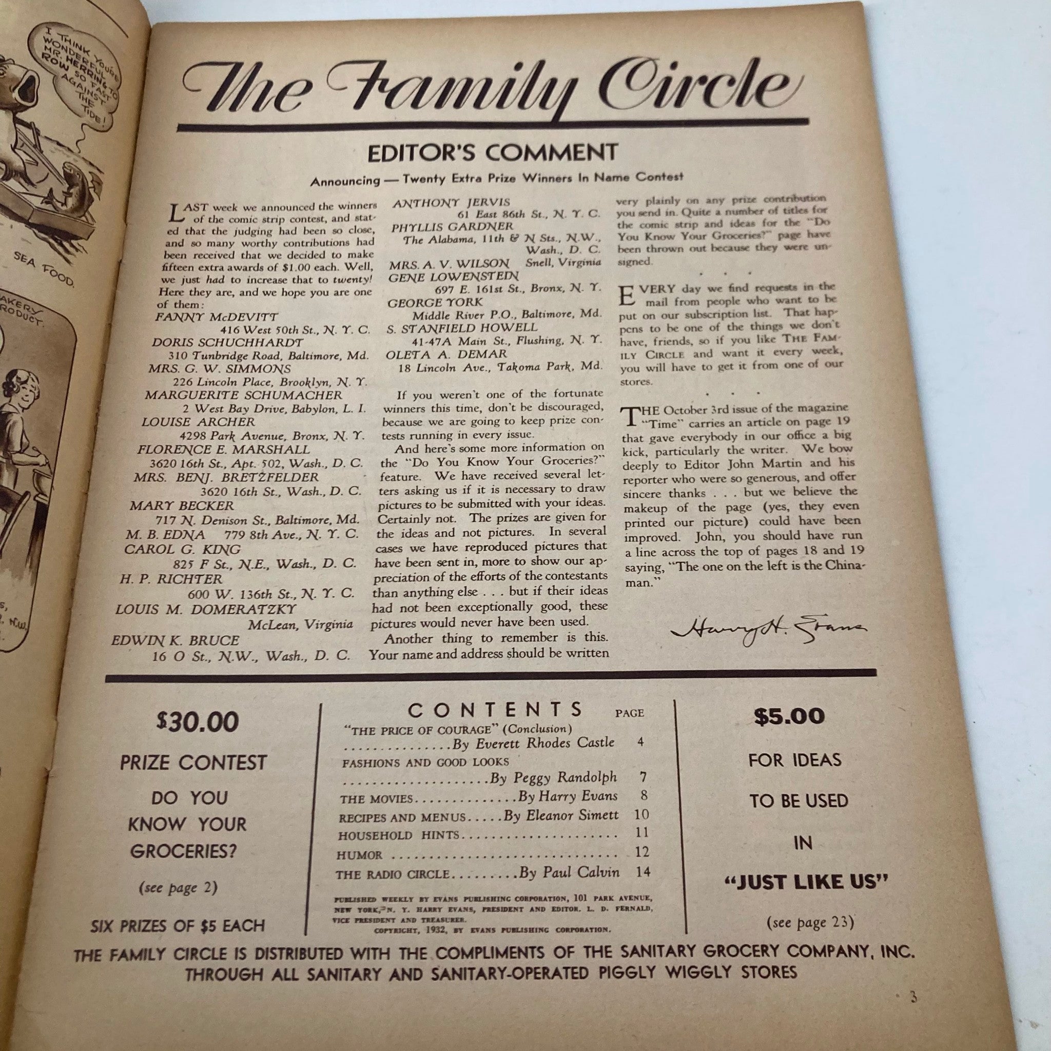 Inside page of VTG The Family Circle Magazine, October 14, 1932, displaying editor's comment and contents, reflecting the magazine's vintage appeal and context.