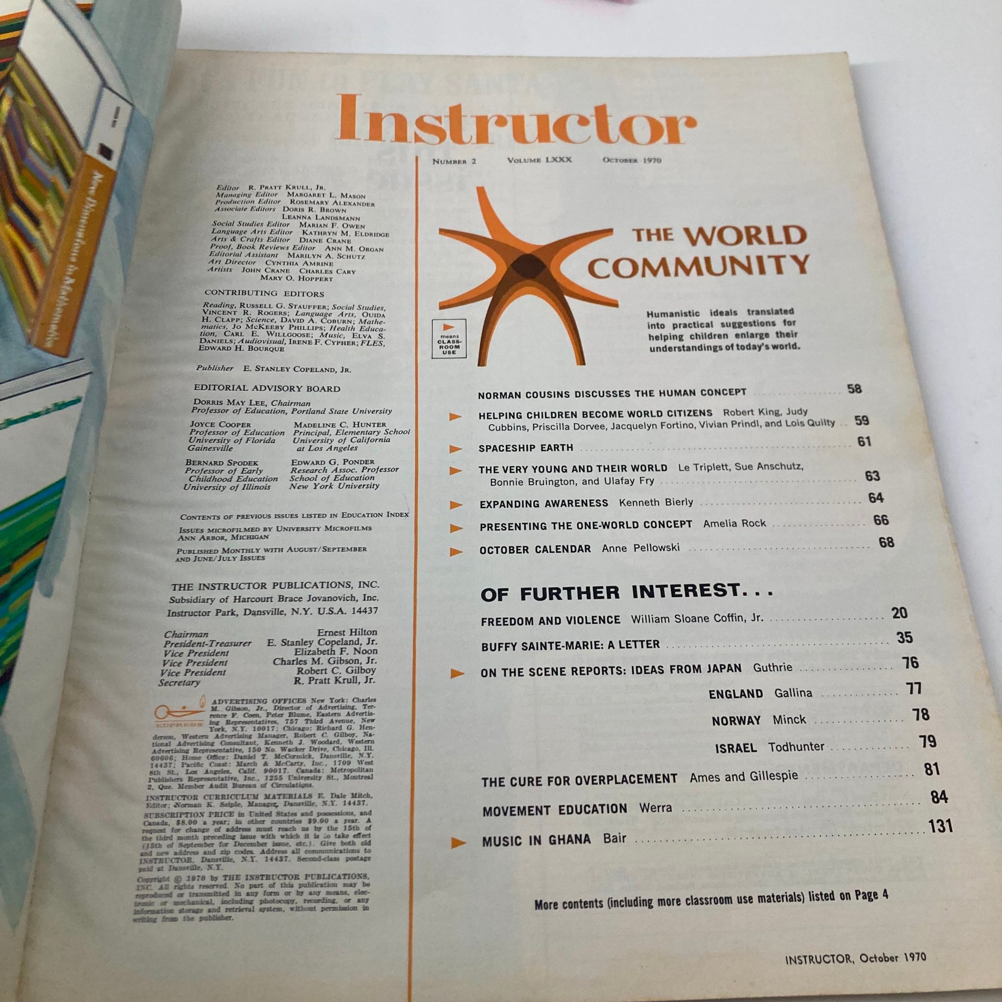 Cover of the VTG Instructor Magazine from October 1970 featuring an article by Norman Cousins discussing the human concept, showcasing the magazine's title and table of contents.