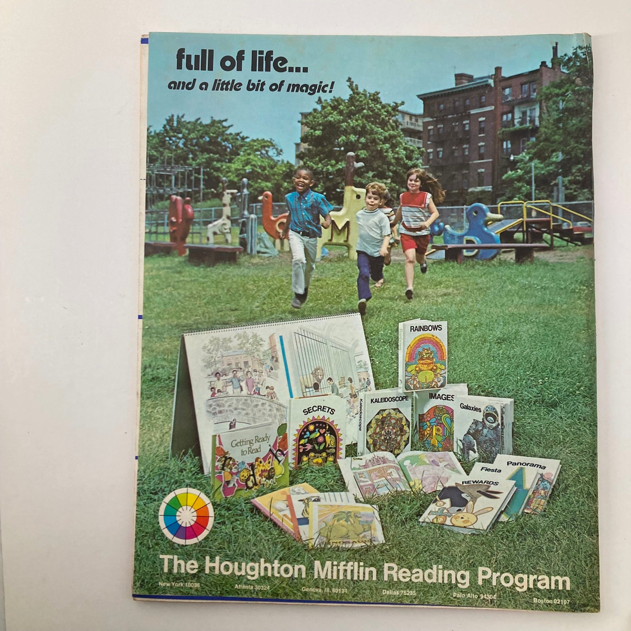 Back cover of the VTG Instructor Magazine from October 1970 highlighting The Houghton Mifflin Reading Program, with children playing in a park, promoting educational materials and literature.