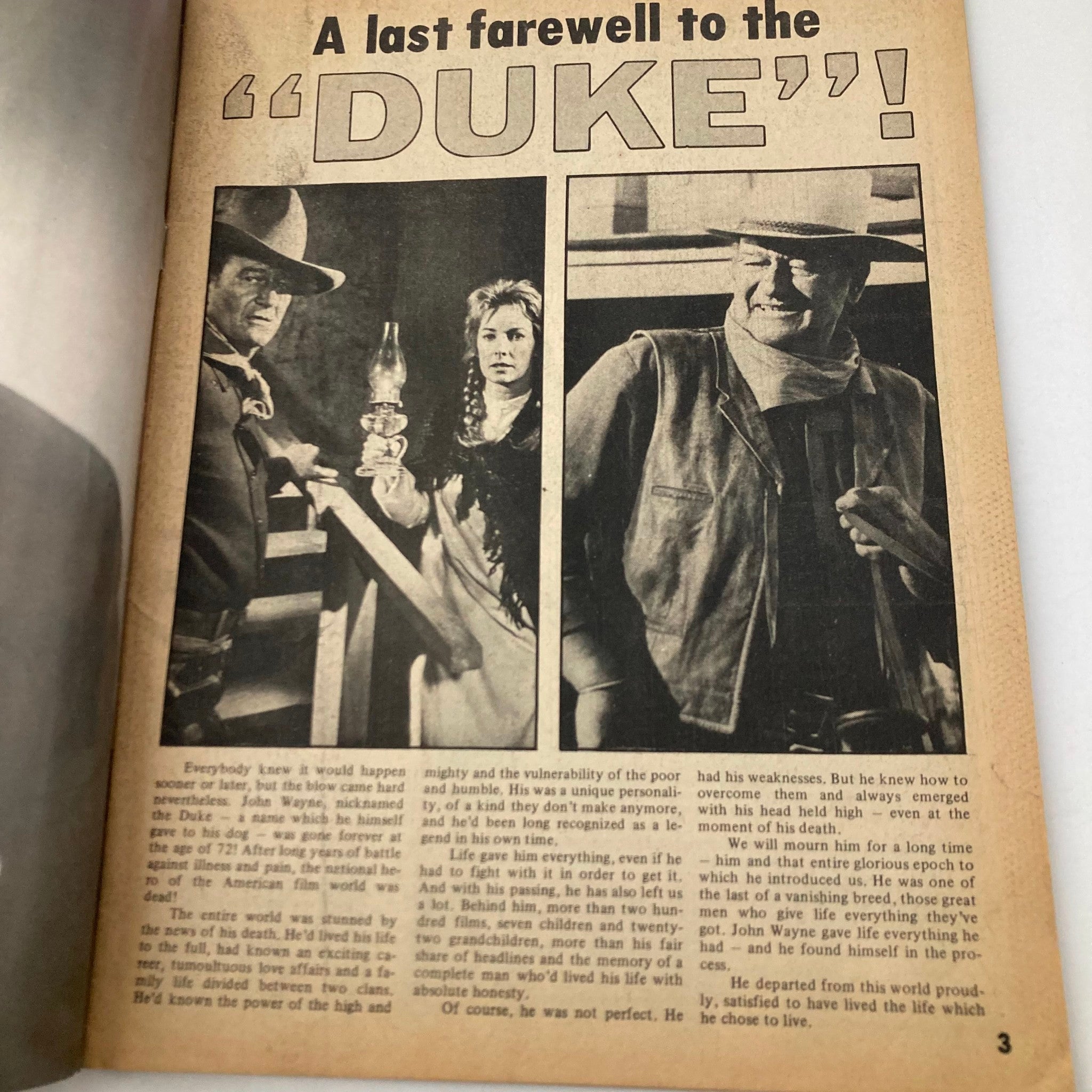 Inside page of VTG Super Mag Magazine 1979 John Wayne Souvenir Photo Album, titled 'A last farewell to the