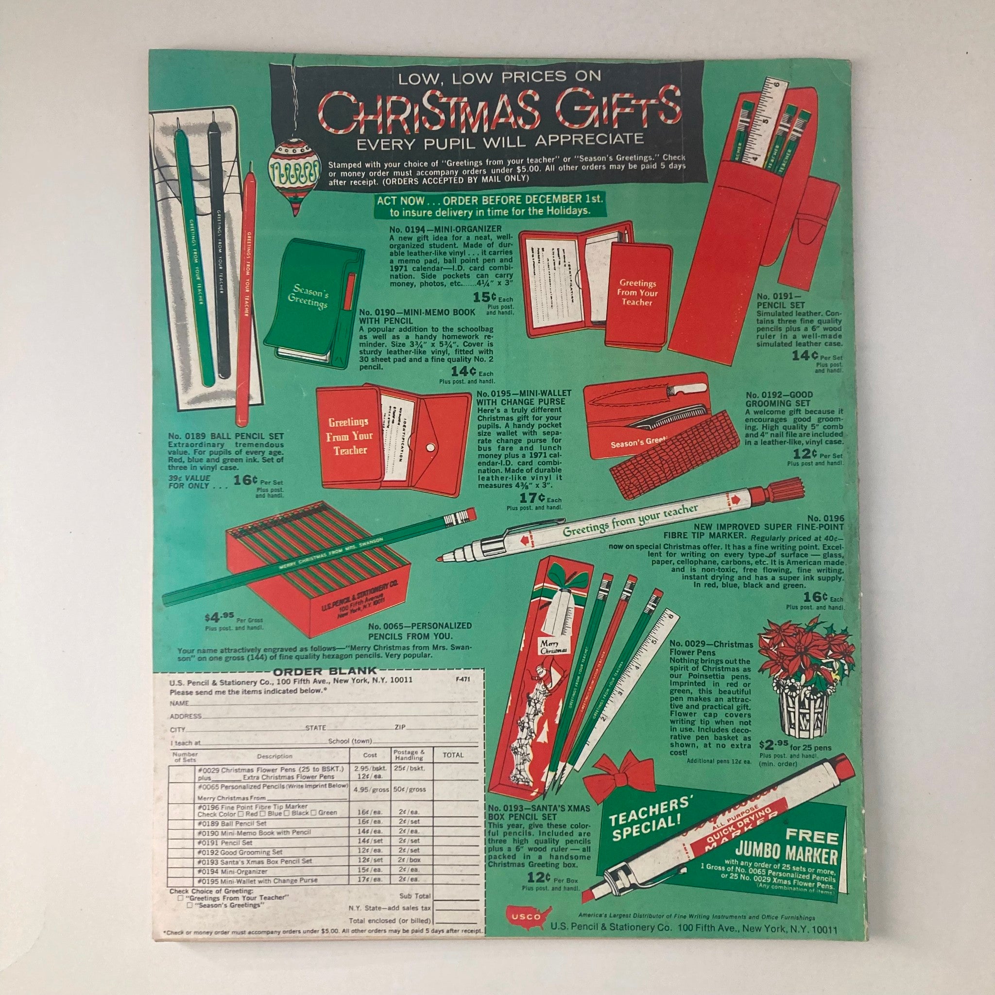 Back cover of VTG Instructor Magazine December 1970 featuring an advertisement for Christmas gifts for pupils, with various stationery products displayed on a bright green background.