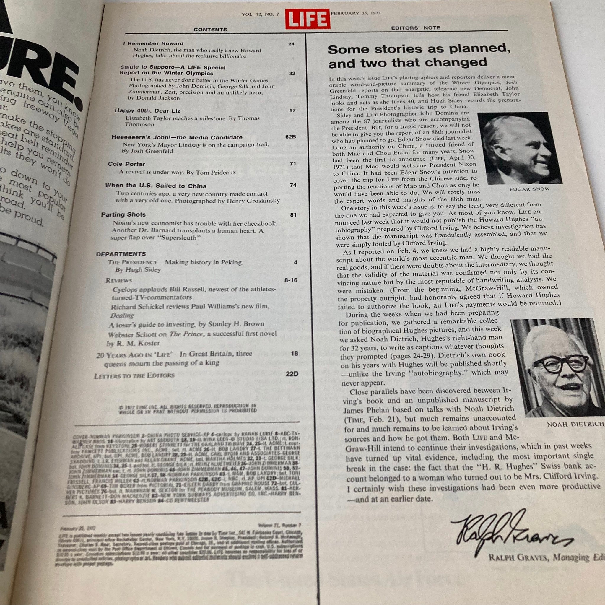 Contents page of VTG Life Magazine February 25, 1972, detailing articles including 'Happy 40th, Dear Liz' and other notable stories.