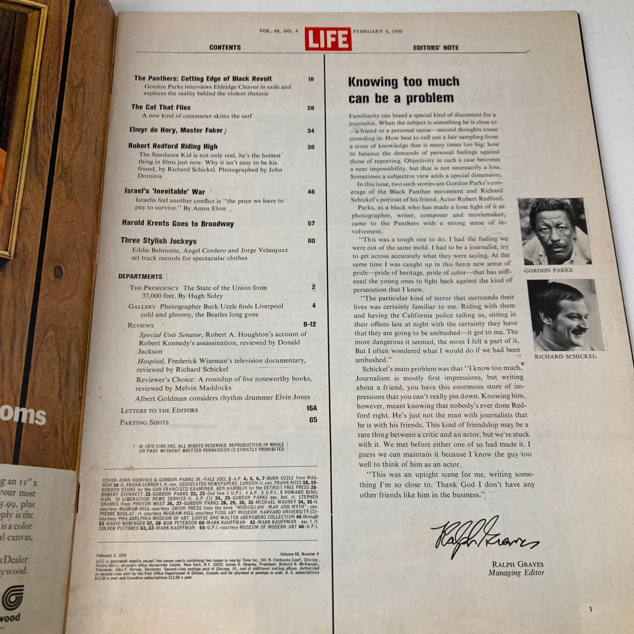 Contents page of VTG Life Magazine February 6 1970 highlighting articles including Robert Redford.