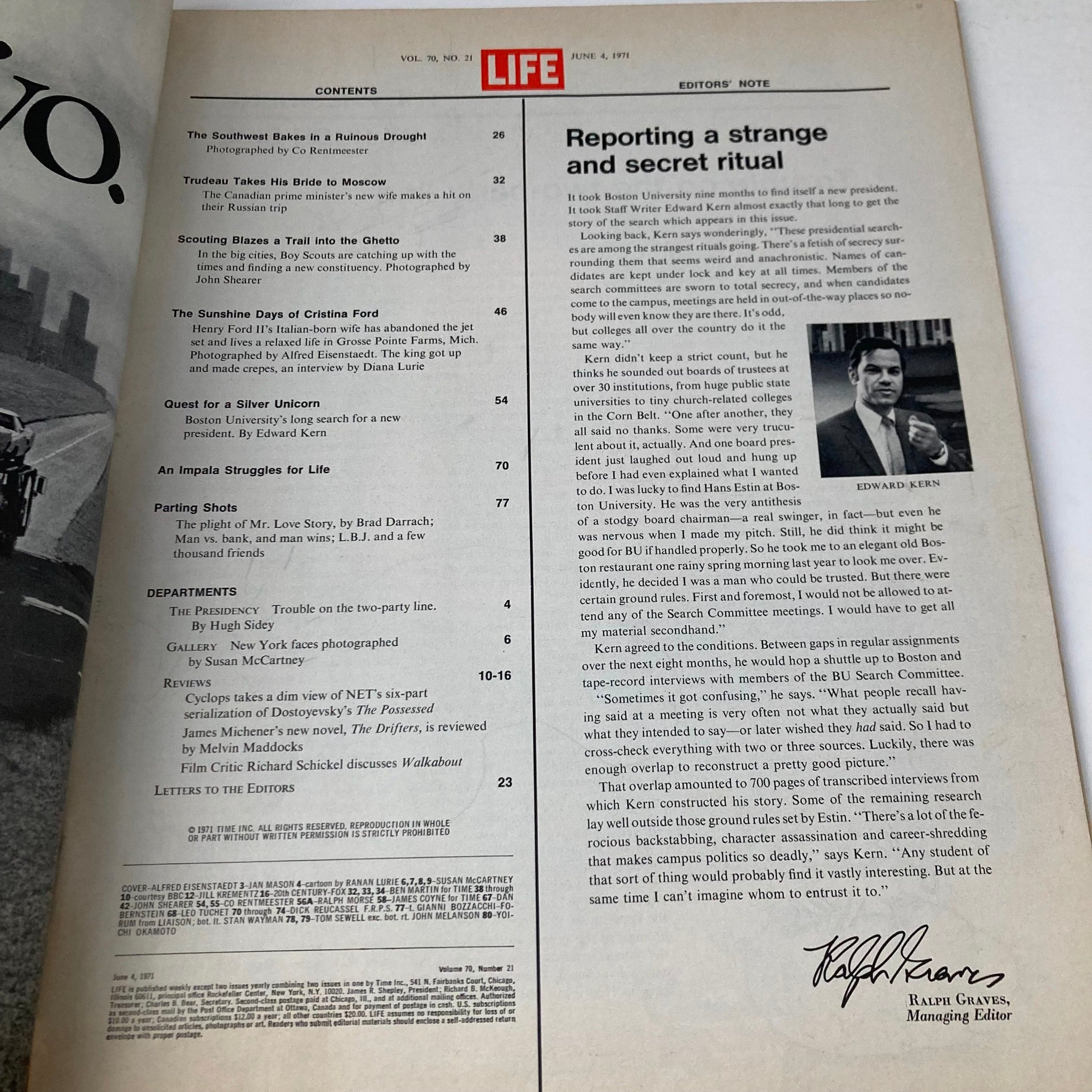 Inside page of VTG Life Magazine June 4 1971, showing the table of contents, including articles and features related to Cristina Ford and cultural events of the era.