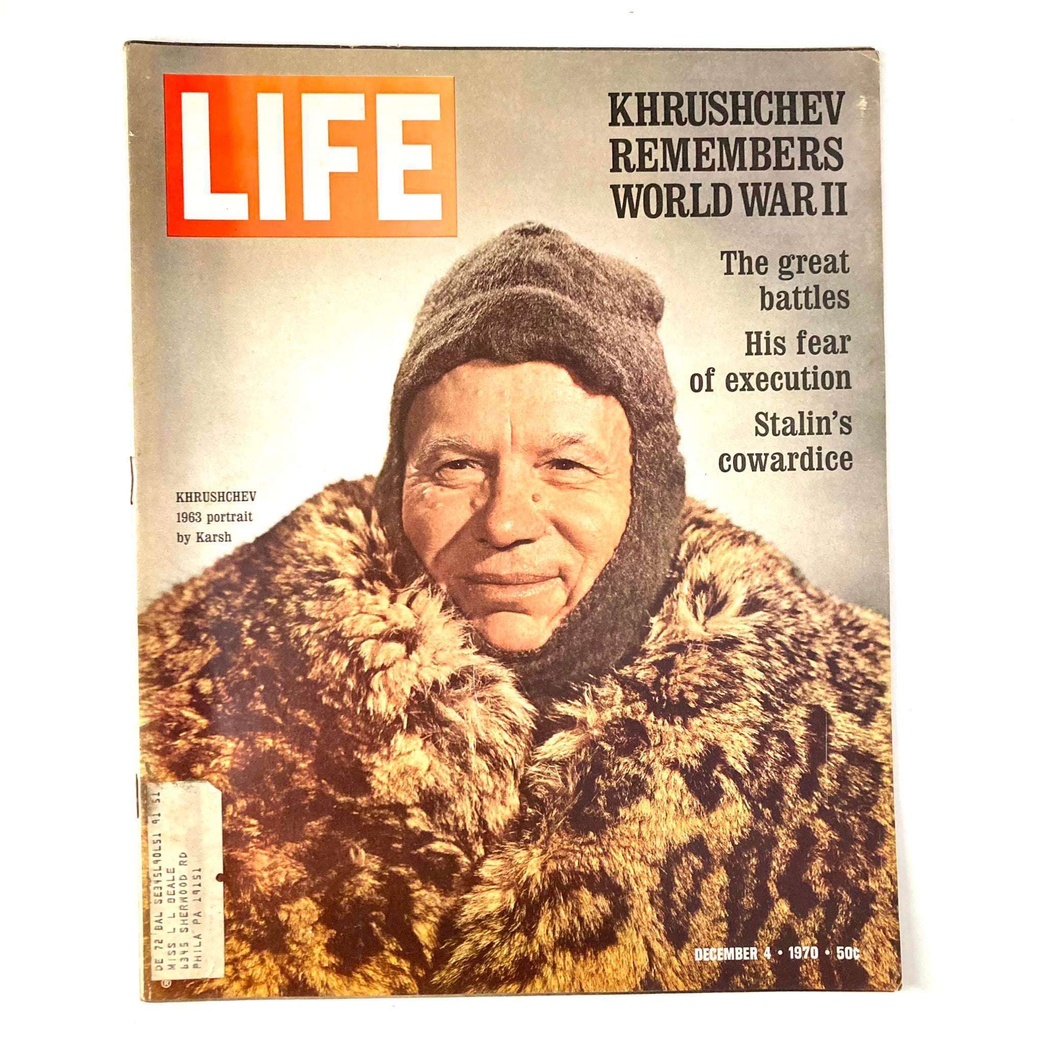 VTG Life Magazine December 4 1970, featuring Nikita Khrushchev on the cover, in a fur coat with the title 'Khrushchev Remembers World War II'.