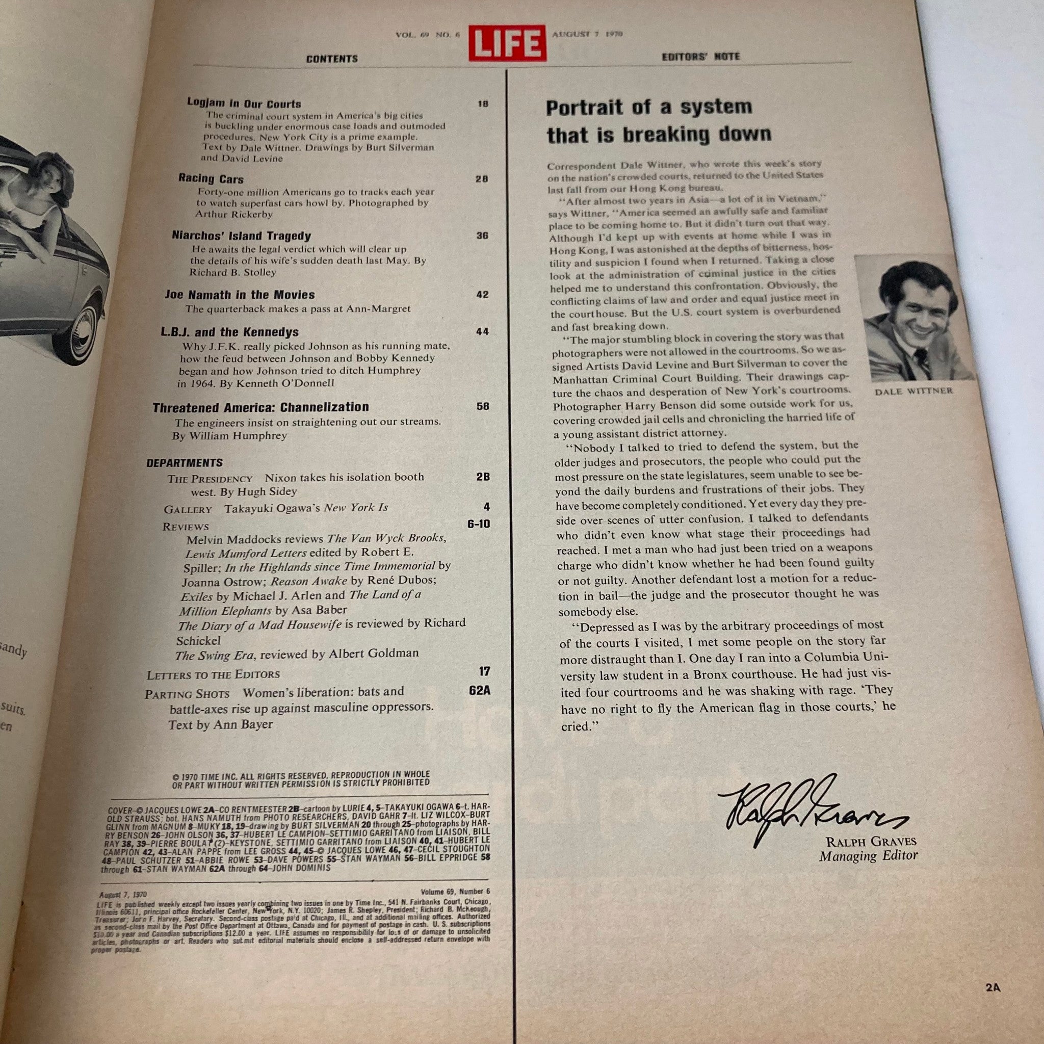 Contents page from VTG Life Magazine August 7 1970 Vol 69 No. 6 featuring articles on L.B.J. and the Kennedys, along with editorial notes and reviews.