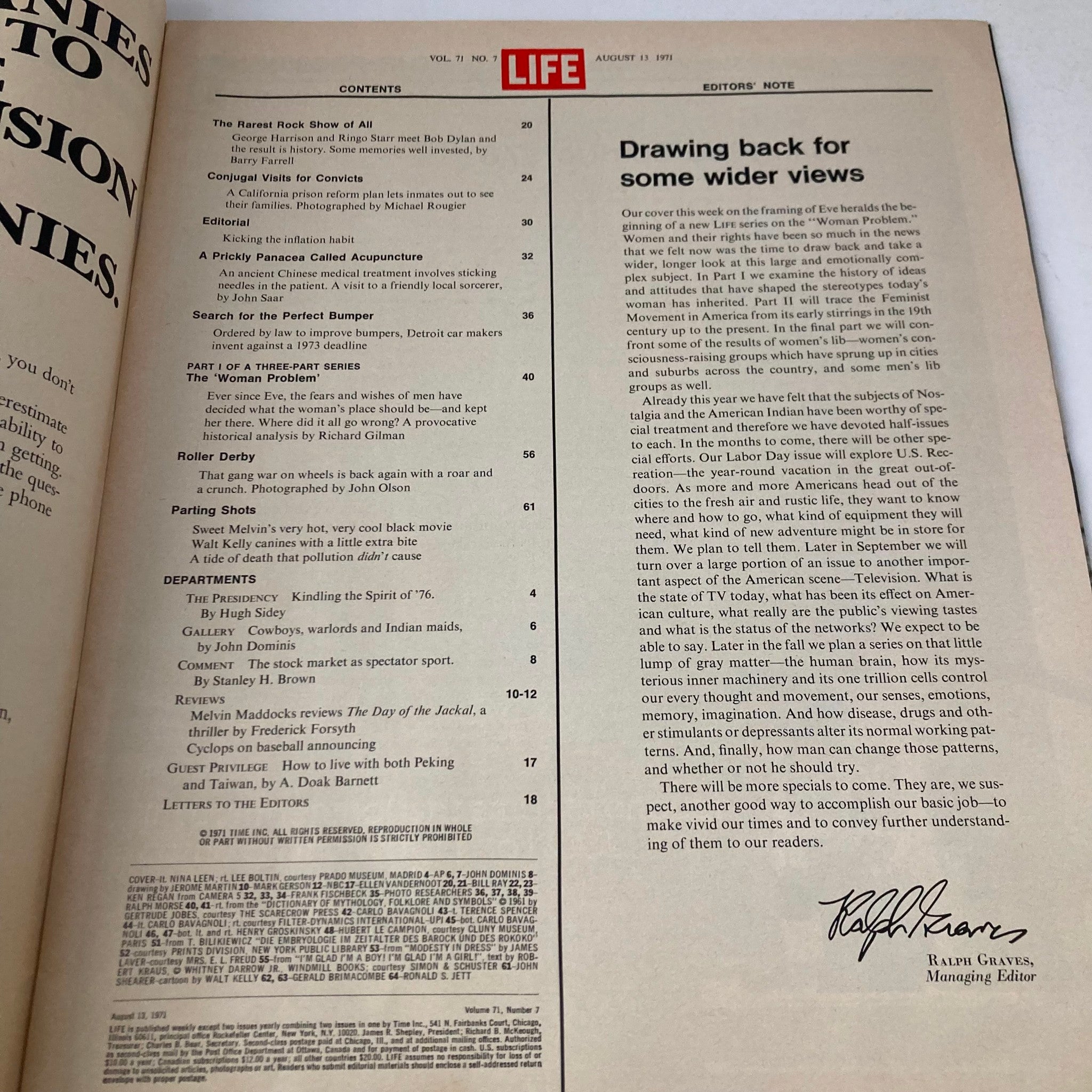Inside page of VTG Life Magazine August 13 1971 Vol 71 No. 7 displaying the table of contents, highlighting various articles including 'The Woman Problem' and other features relevant to women's roles in society.