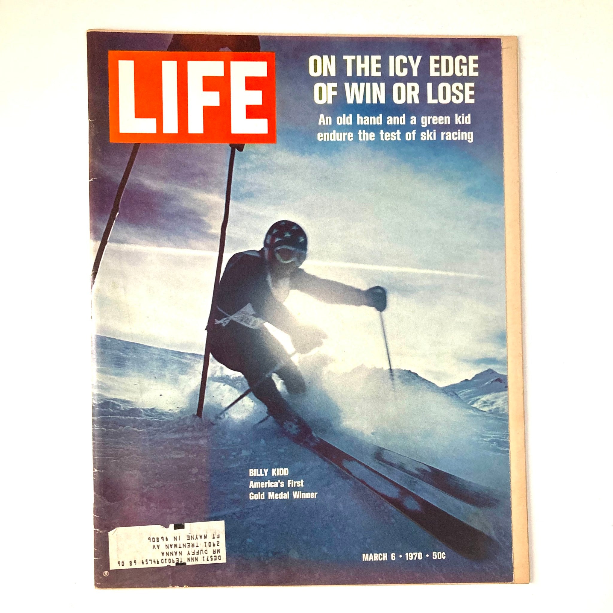 VTG Life Magazine cover from March 6, 1970, Volume 68, Number 8 featuring Billy Kidd, America's first gold medal winner in Olympic skiing, showcasing a skier on a snowy slope.
