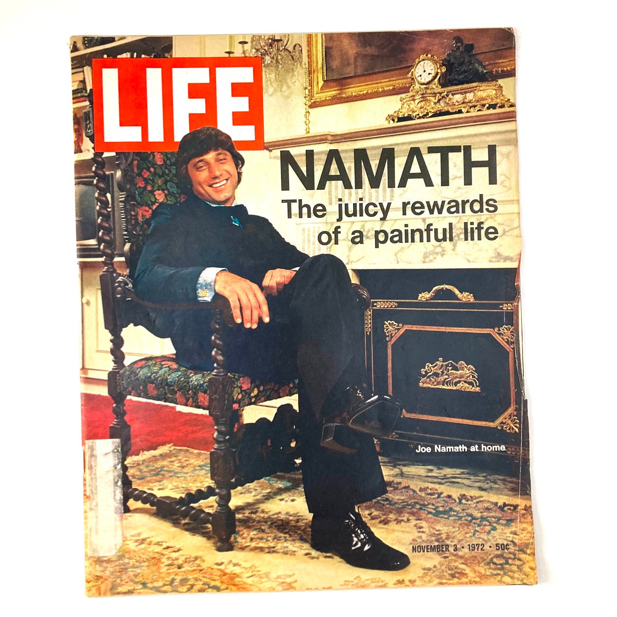 Vintage Life Magazine cover from November 3, 1972 featuring Joe Namath at home, showcasing his relaxed demeanor and classic 1970s decor.