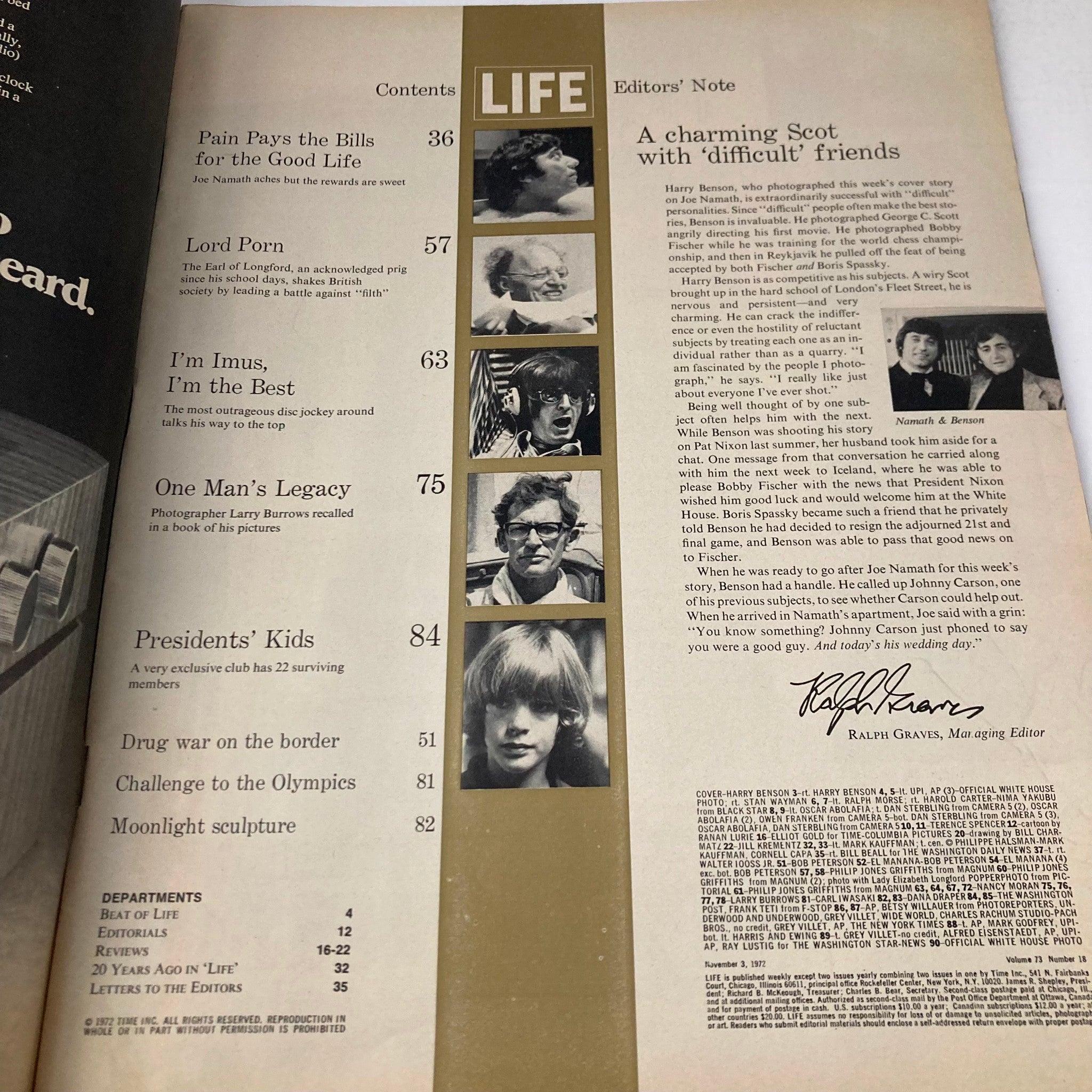 Inside contents page of Vintage Life Magazine from November 3, 1972, highlighting articles including Joe Namath's feature, showcasing the magazine's editorial style and structure.