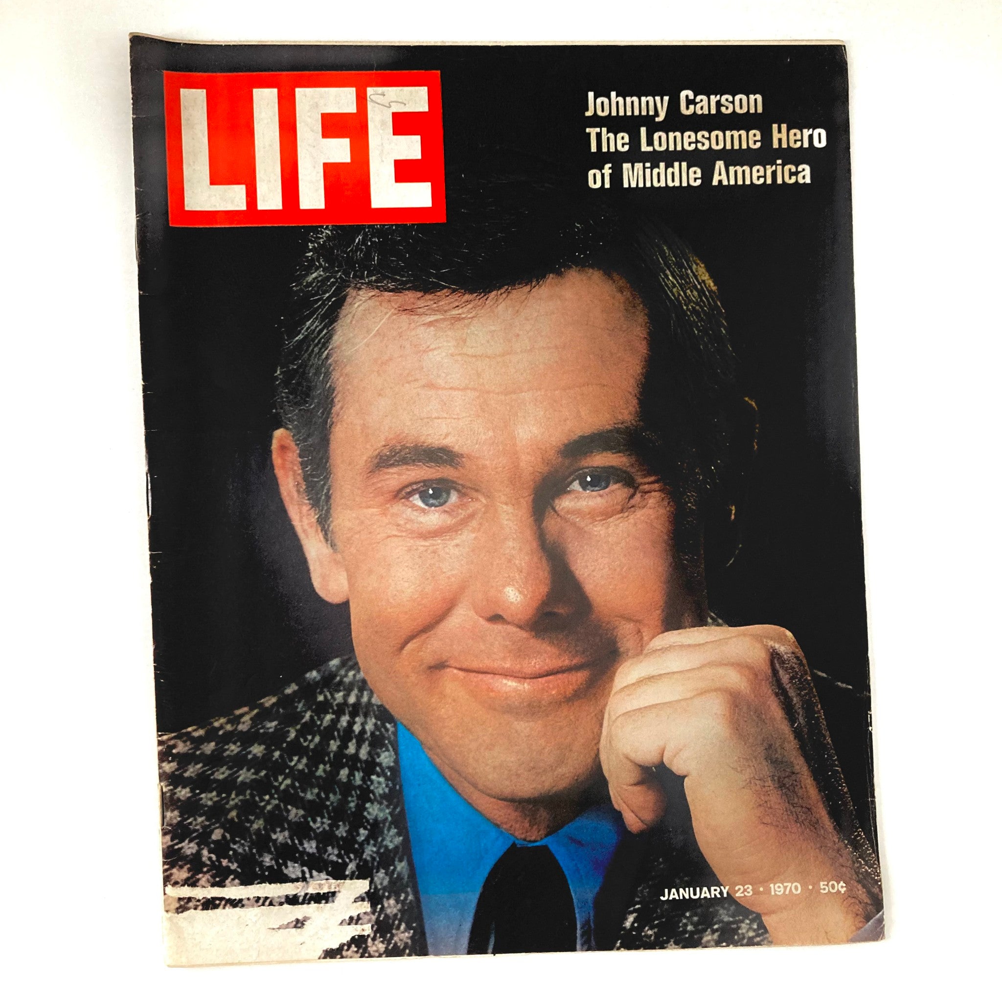 VTG Life Magazine January 23, 1970 cover featuring Johnny Carson, titled 'The Lonesome Hero of Middle America', showcasing a vintage illustration with a smiling Johnny Carson.