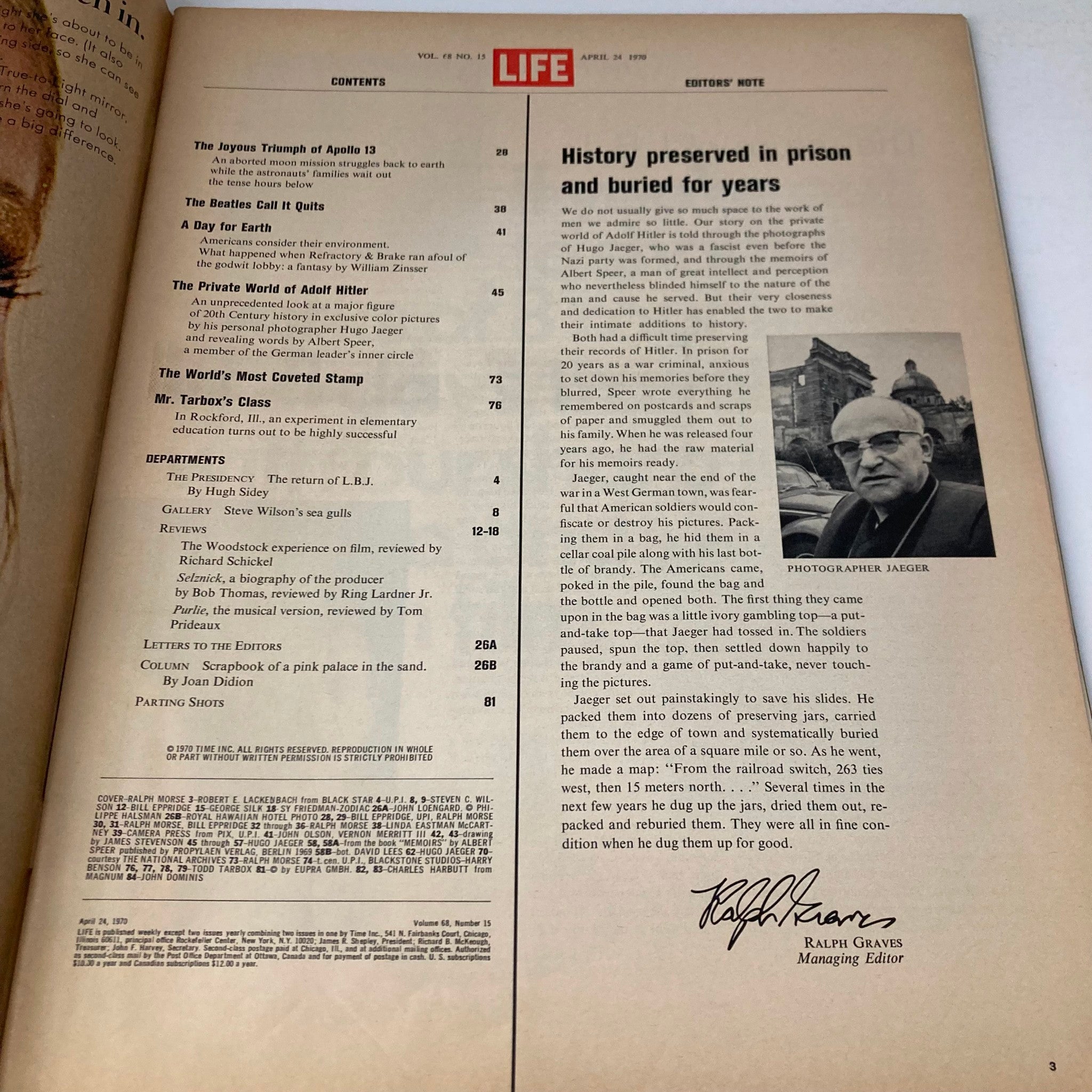 Contents page of VTG Life Magazine, April 24, 1970, featuring articles on Jim Lovell and Apollo 13, with a photograph of researcher Hugo Jaeger and historical context.