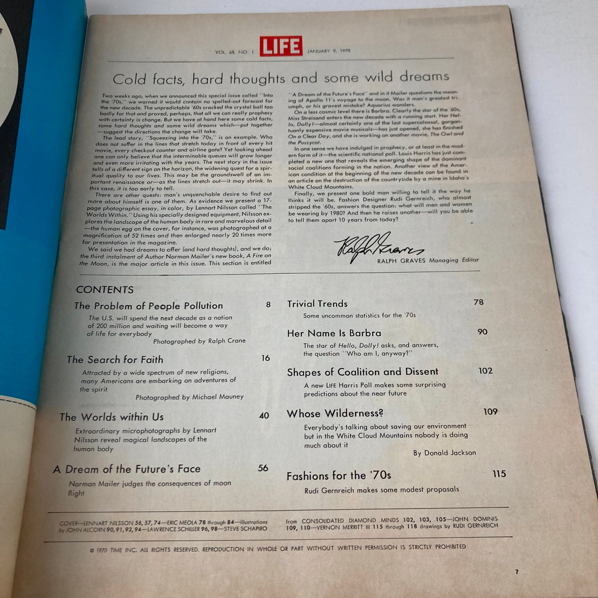 Contents page of VTG Life Magazine January 9 1970 Vol 68 No. 1 with highlighted articles including 'The Worlds Within Us' and 'A Dream of the Future's Face'.