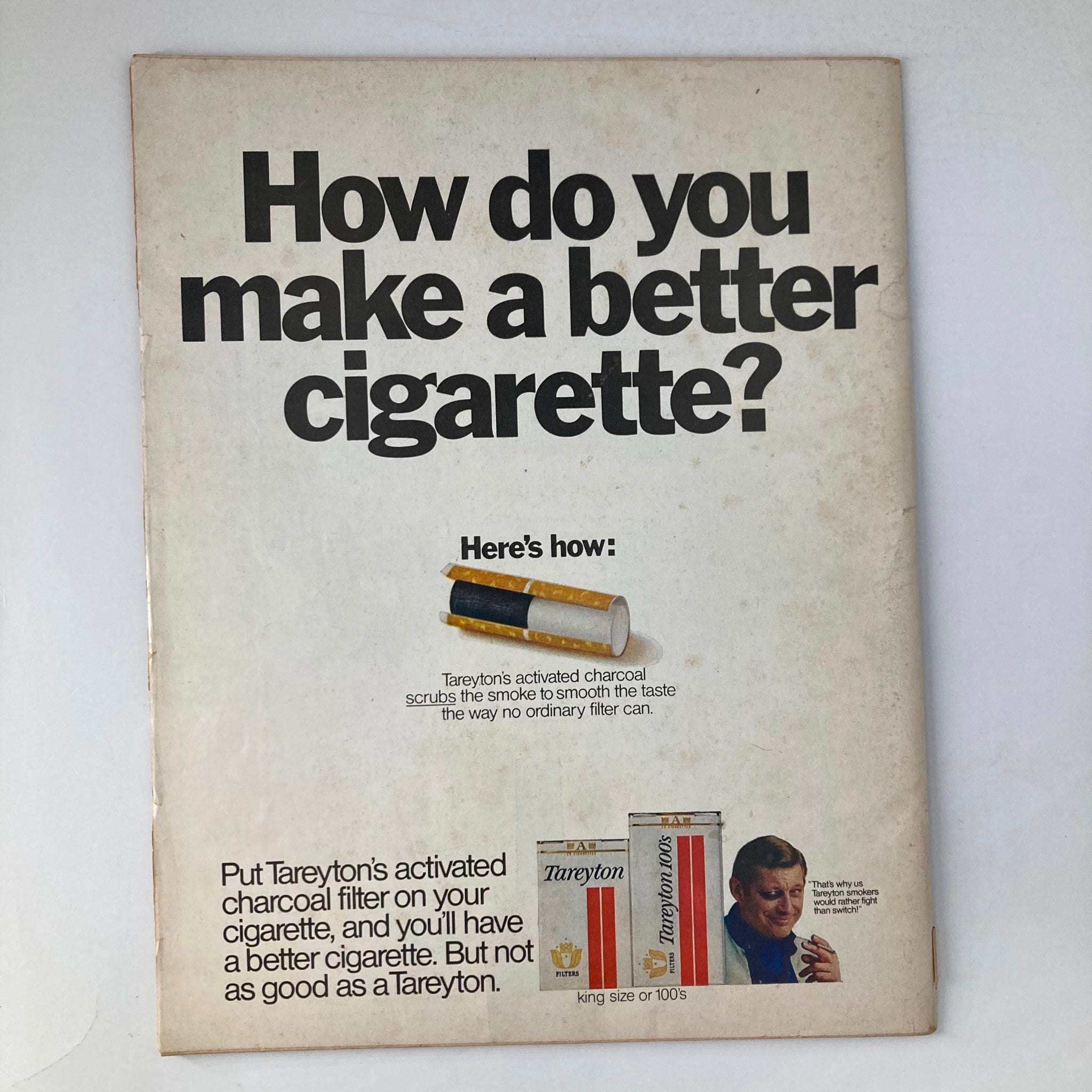Back cover of VTG Life Magazine January 9 1970 Vol 68 No. 1 showcasing an advertisement for Tareyton cigarettes with a focus on their unique charcoal filter.