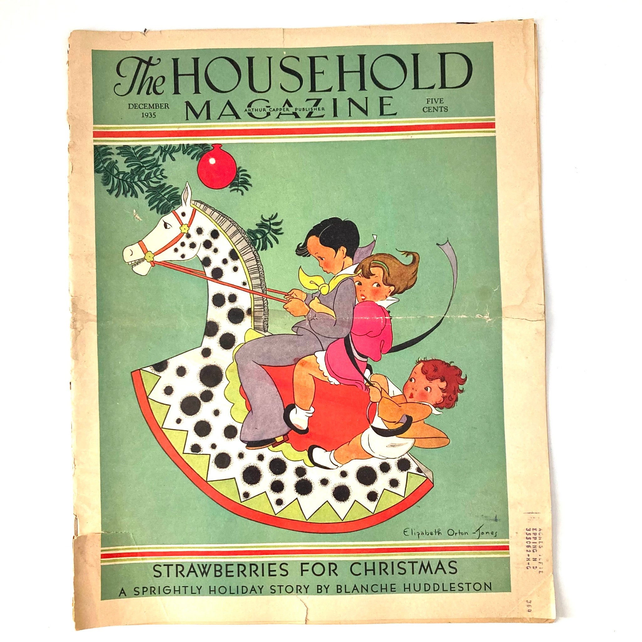 Cover of VTG The Household Magazine December 1935 Vol 35 #12 featuring children enjoying a ride on a carousel horse with festive decorations, titled 'Strawberries for Christmas'.