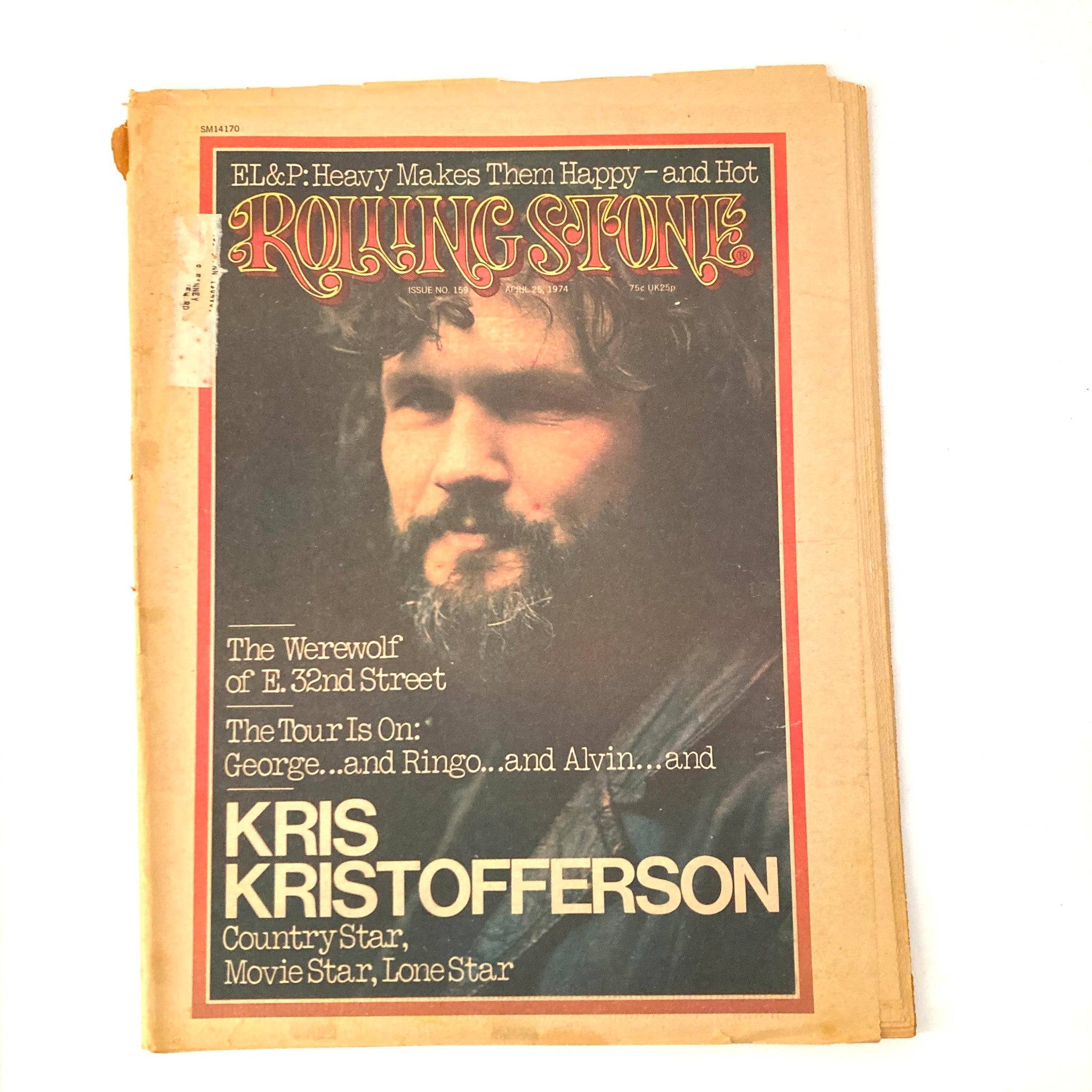 VTG Rolling Stone Magazine April 25 1974 Issue #159 featuring Kris Kristofferson on the cover, showcasing a portrait of the iconic country music star with notable headlines about music and cultural events of the era.