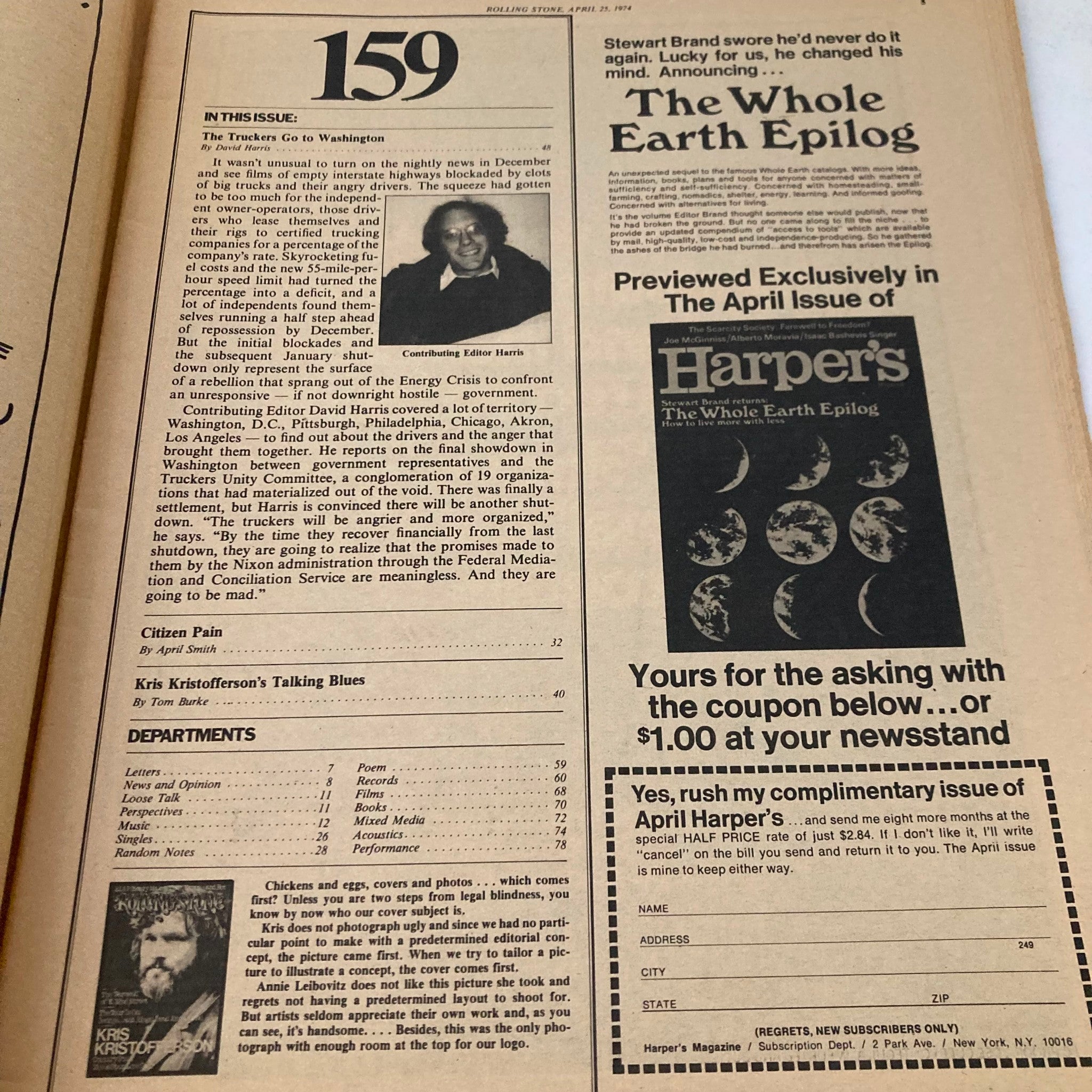 Page from VTG Rolling Stone Magazine April 25 1974 Issue #159 featuring table of contents and articles, including Kris Kristofferson.