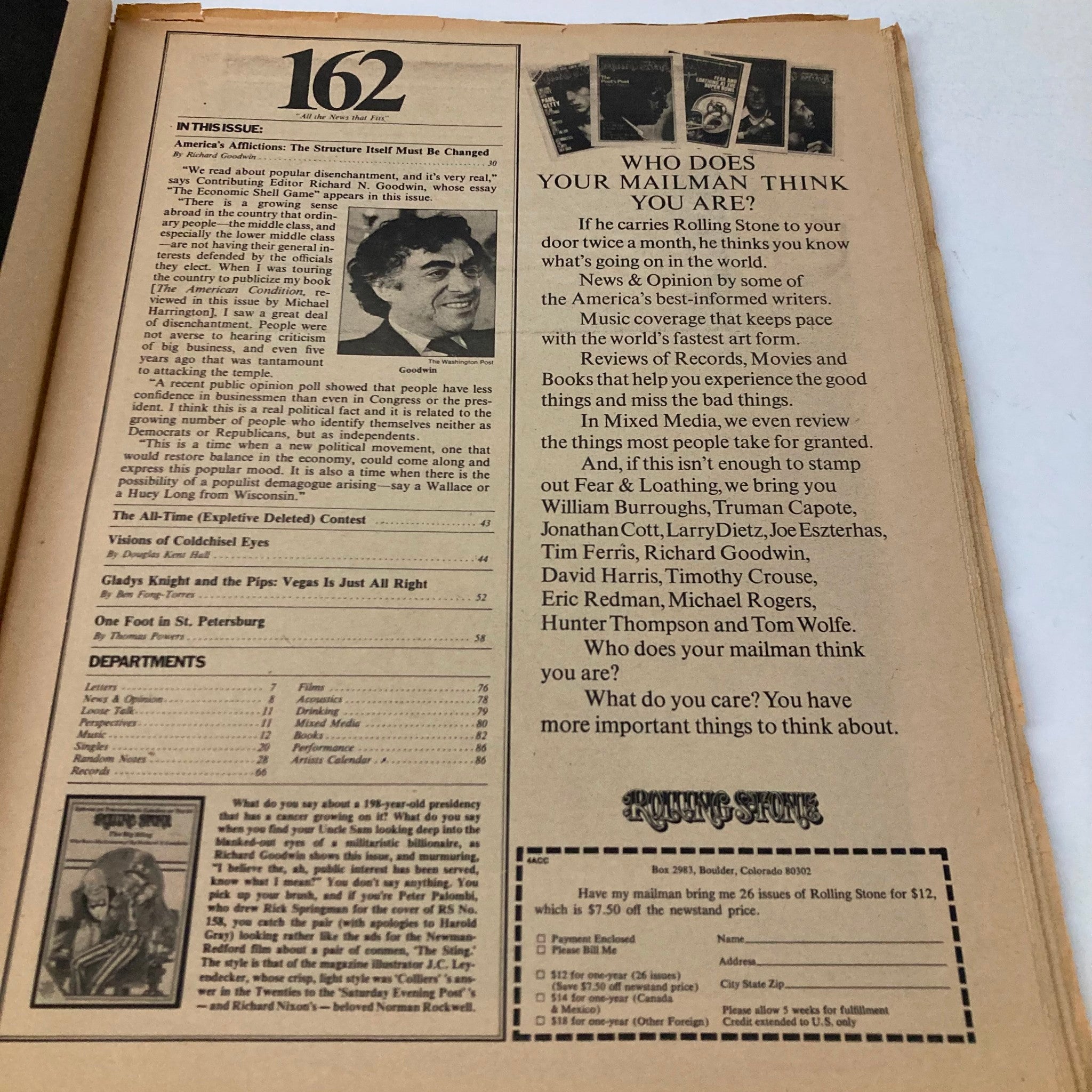 Inside page of Rolling Stone Magazine Issue #162 from June 6, 1974, displaying an editorial section with headline 'Who Does Your Mailman Think You Are?' showcasing various contributors and articles in this vintage magazine.