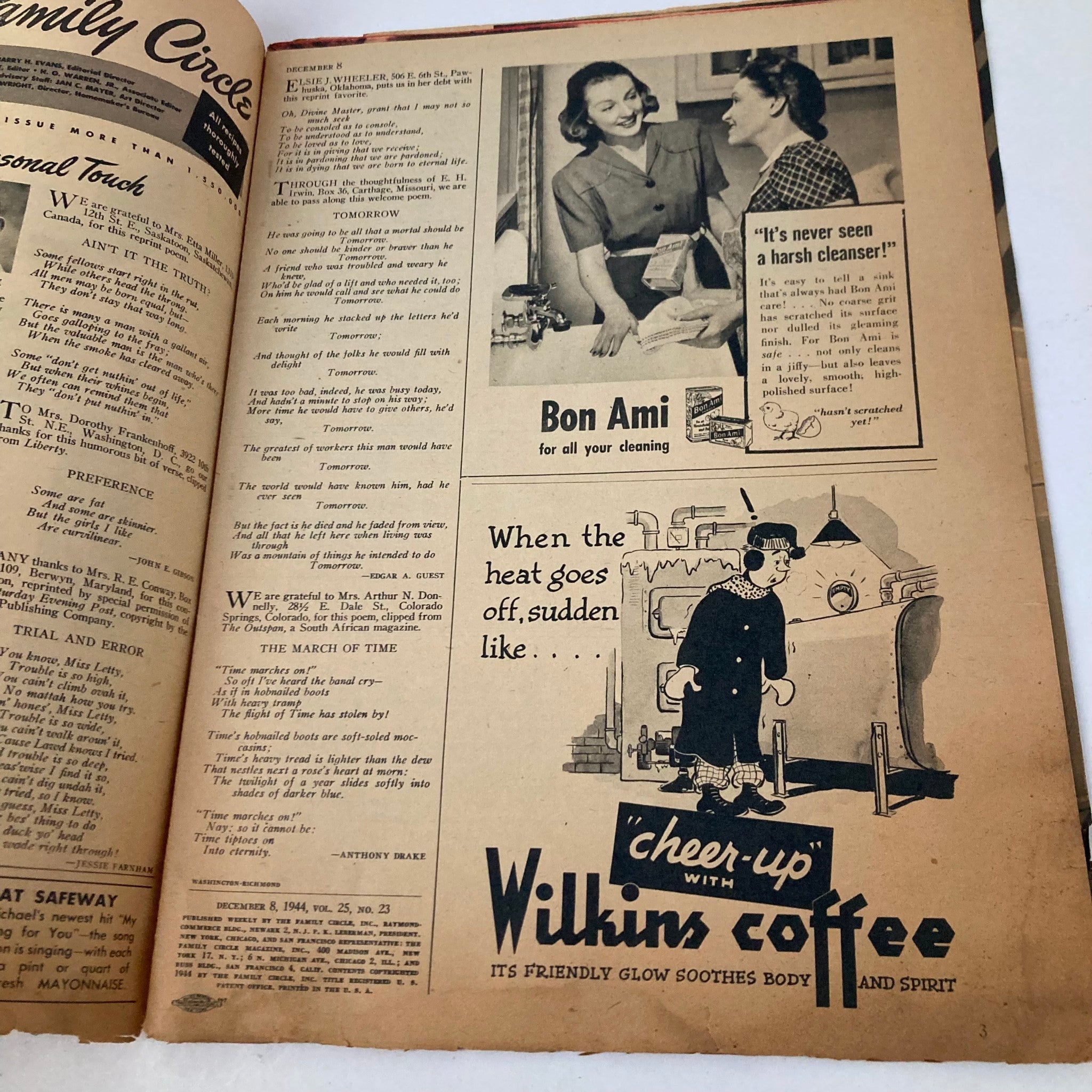 Interior view of VTG The Family Circle Magazine December 8, 1944 featuring articles and an advertisement for Bon Ami cleaning product.