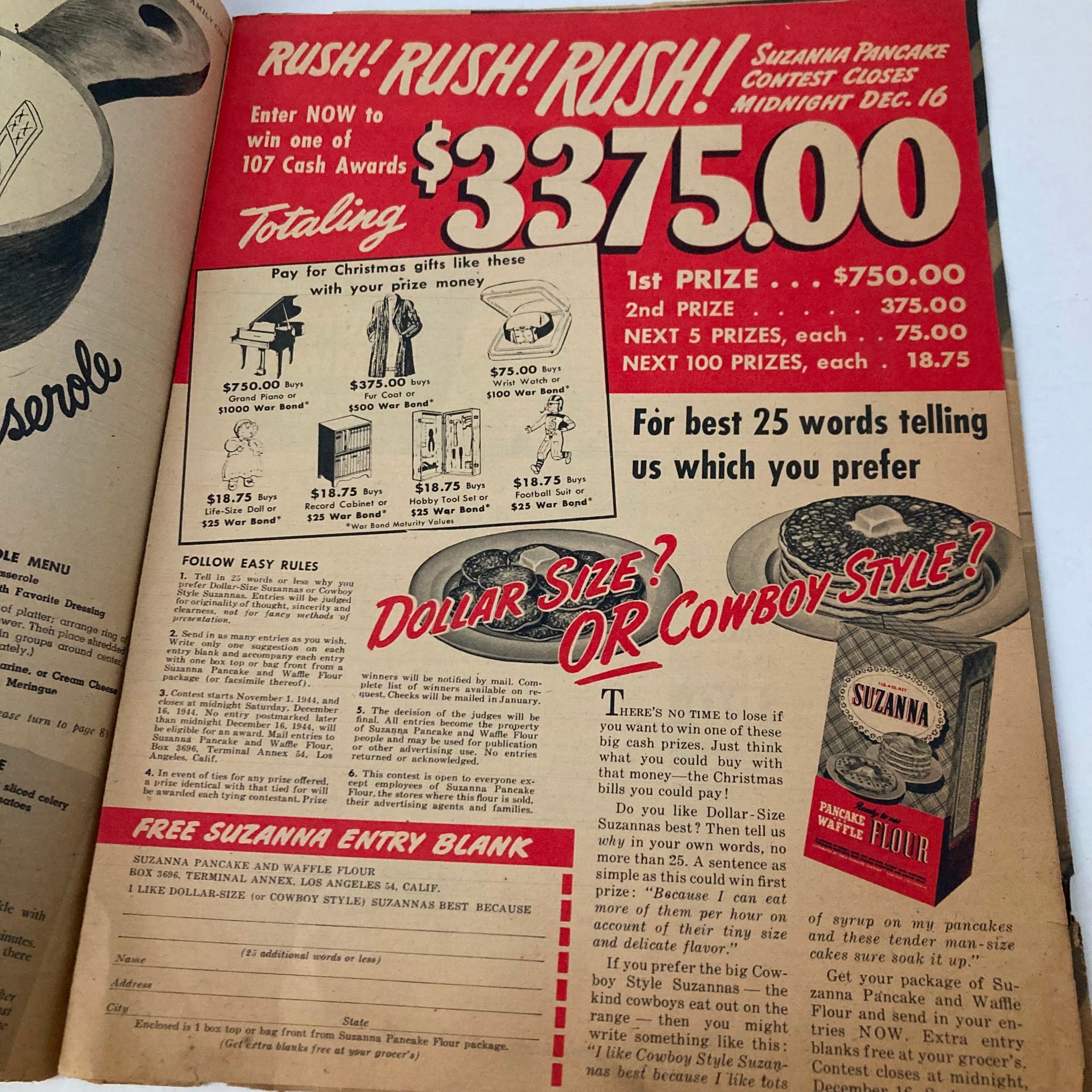 Advertisement from VTG The Family Circle Magazine December 8, 1944 promoting a cash contest with prizes, including a grand prize of $750.