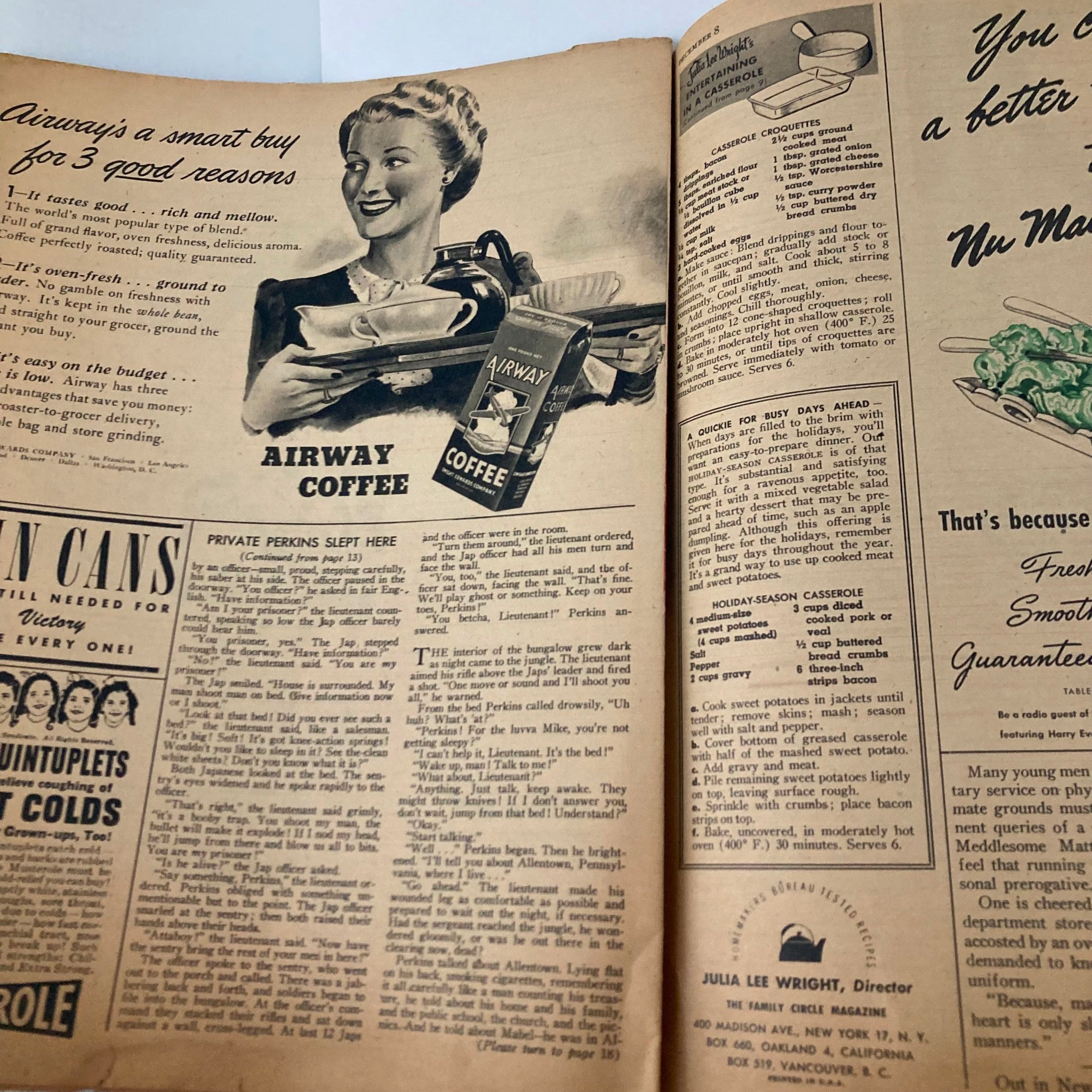 Image showing an advertisement for Airway Coffee from VTG The Family Circle Magazine December 8, 1944, featuring a smiling woman with coffee.