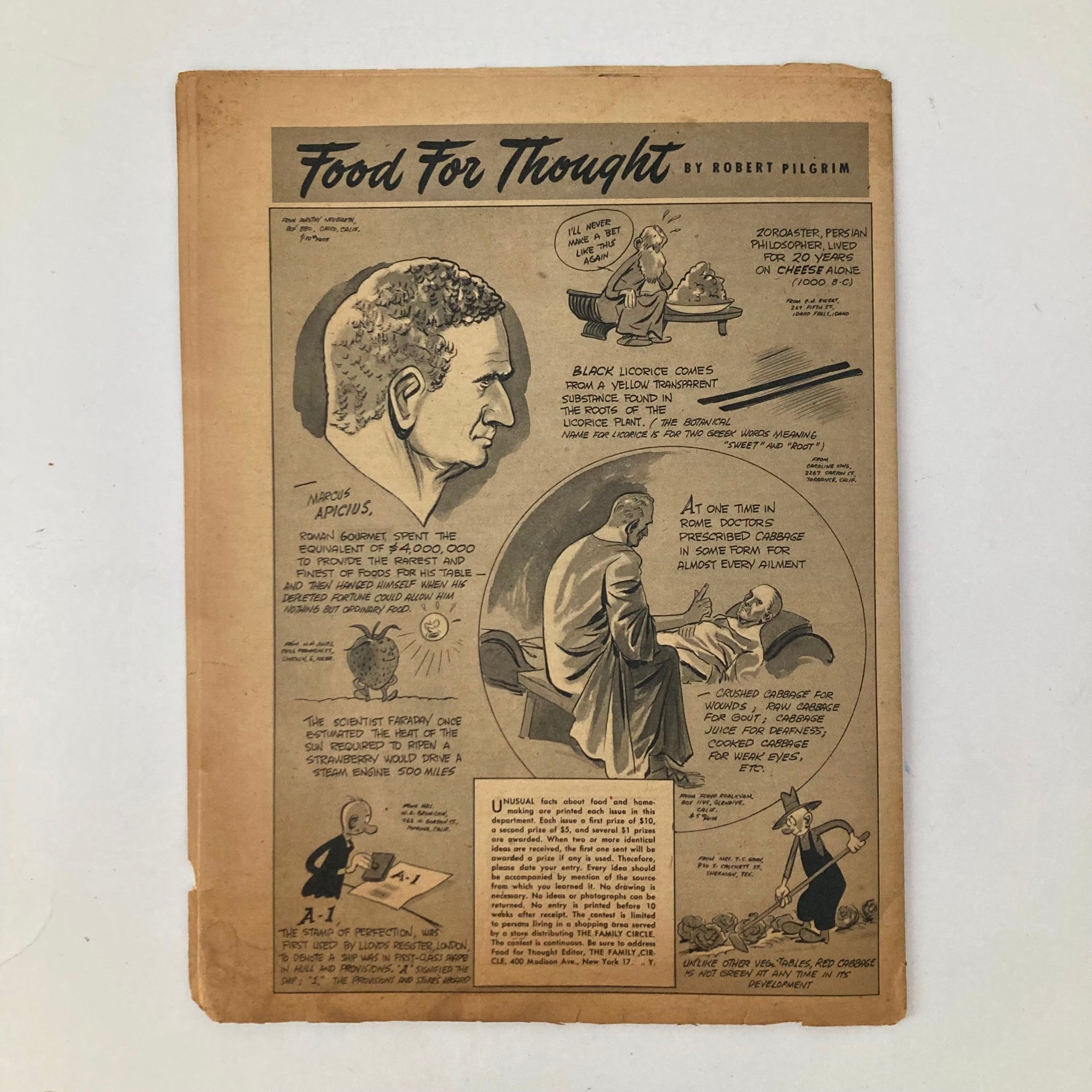 Cover illustration of the 'Food For Thought' section in VTG The Family Circle Magazine December 8, 1944, discussing interesting food facts.
