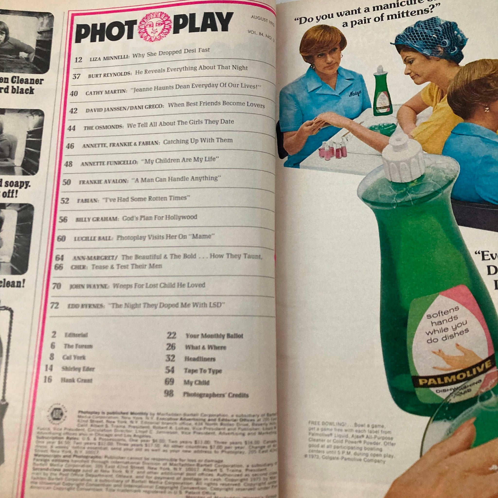 Inside page of VTG Photoplay Magazine August 1973 showing the table of contents, featuring articles about various celebrities including Ann-Margret and Cher.