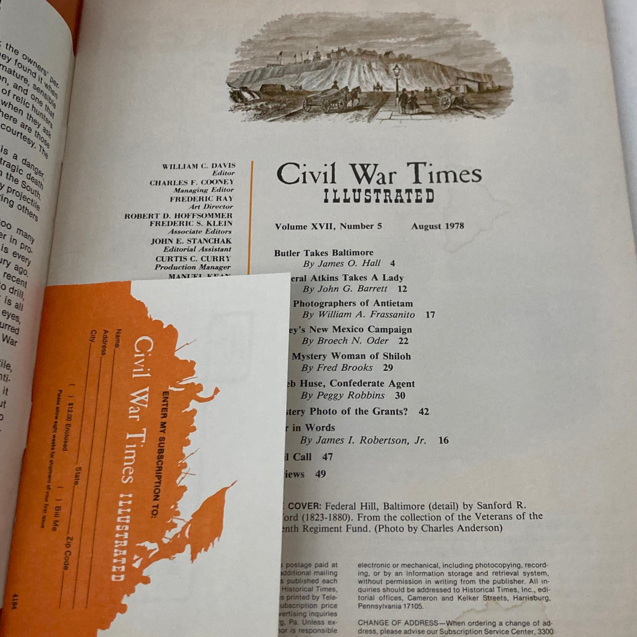 Interior page of Civil War Times Illustrated Magazine August 1978 featuring articles and illustrations related to Federal Hill Baltimore, Volume XVII, Number 5.